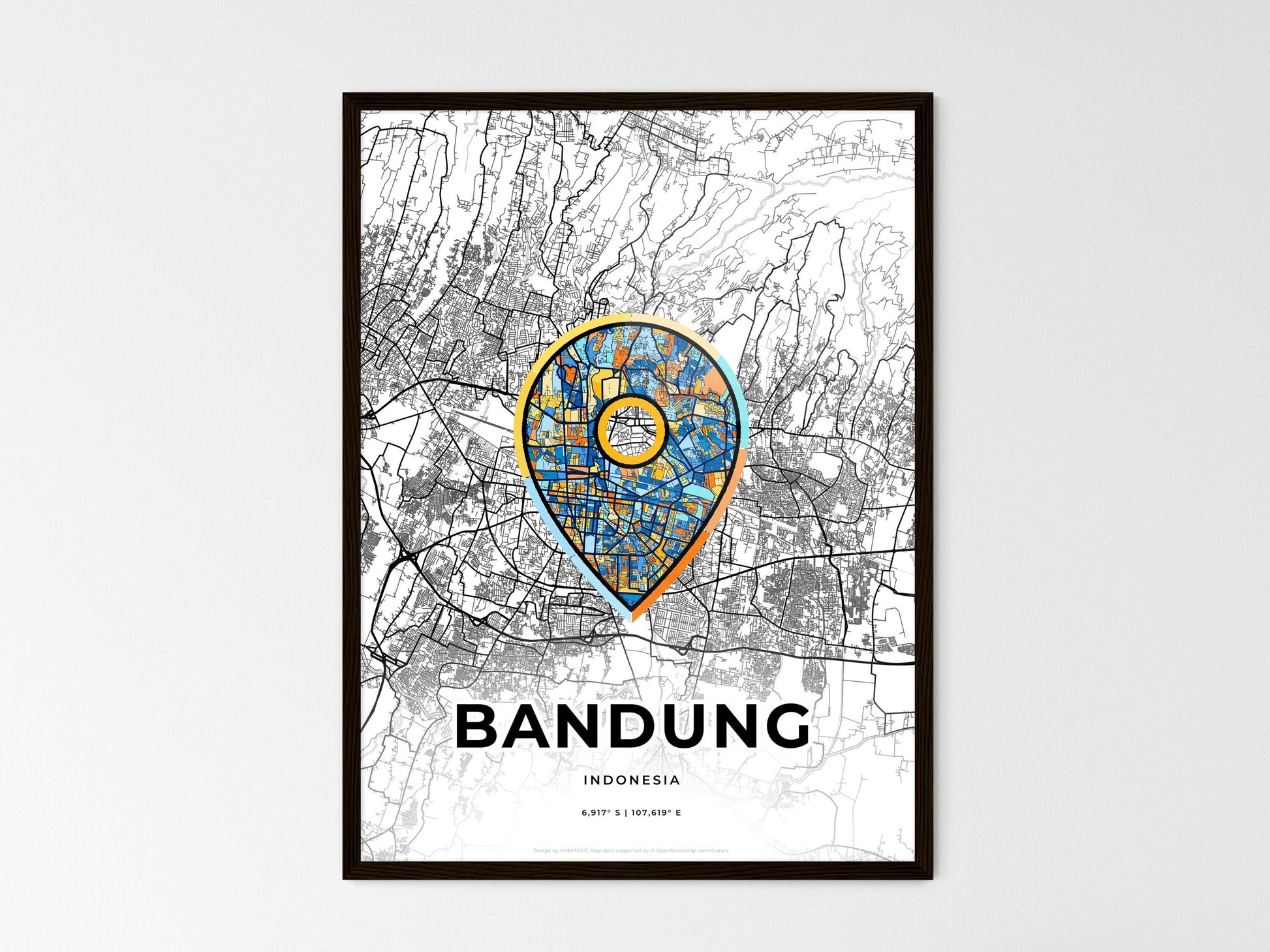 BANDUNG INDONESIA minimal art map with a colorful icon. Where it all began, Couple map gift. Style 1