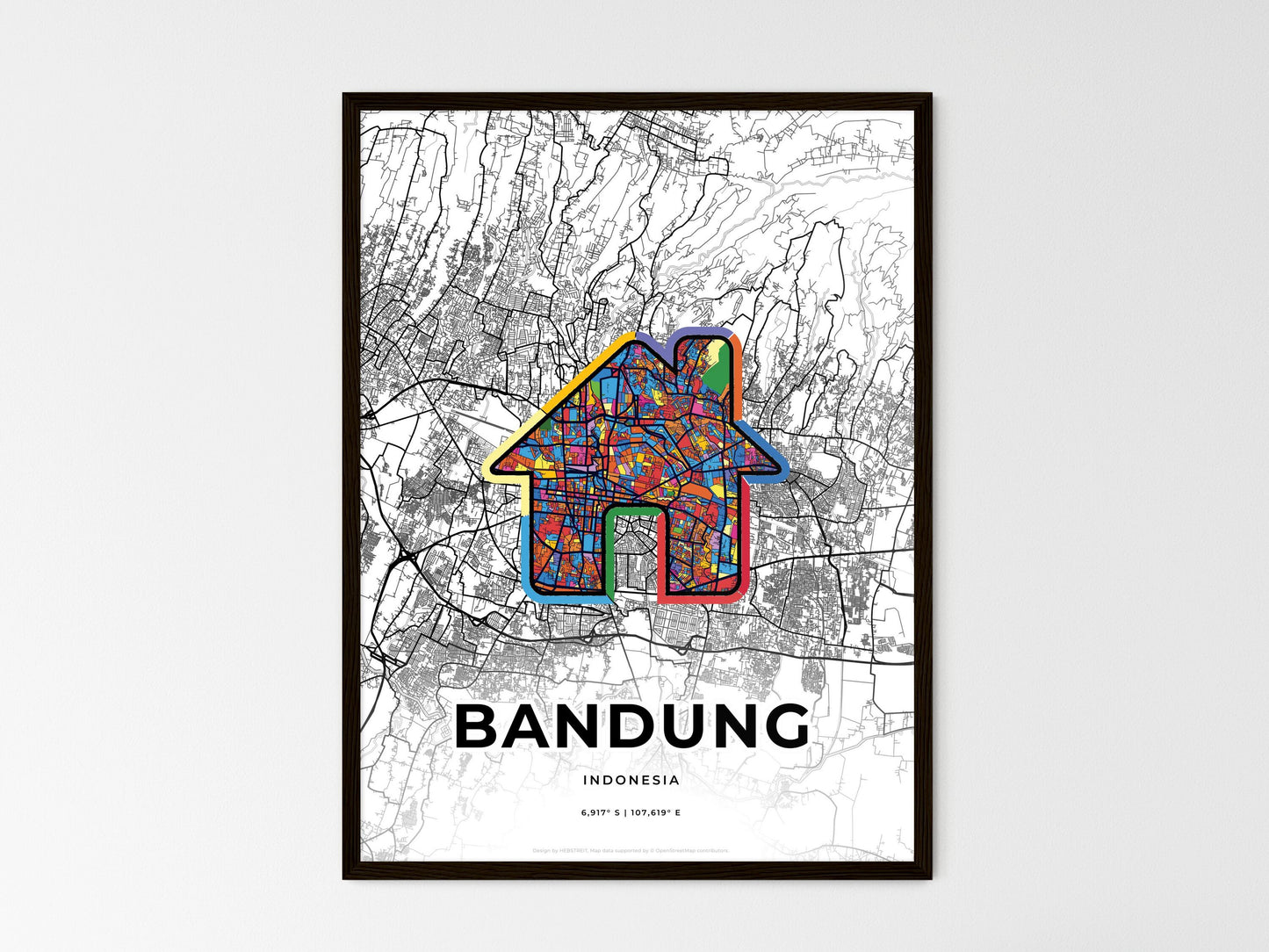 BANDUNG INDONESIA minimal art map with a colorful icon. Where it all began, Couple map gift. Style 3