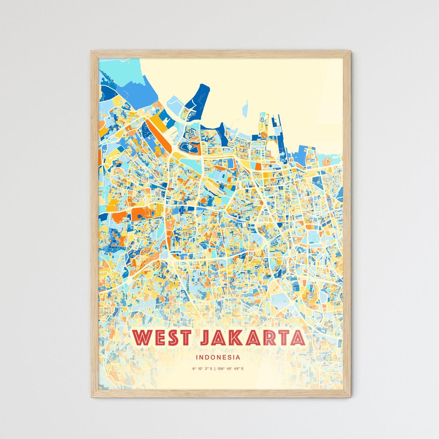 Colorful West Jakarta Indonesia Fine Art Map Blue Orange