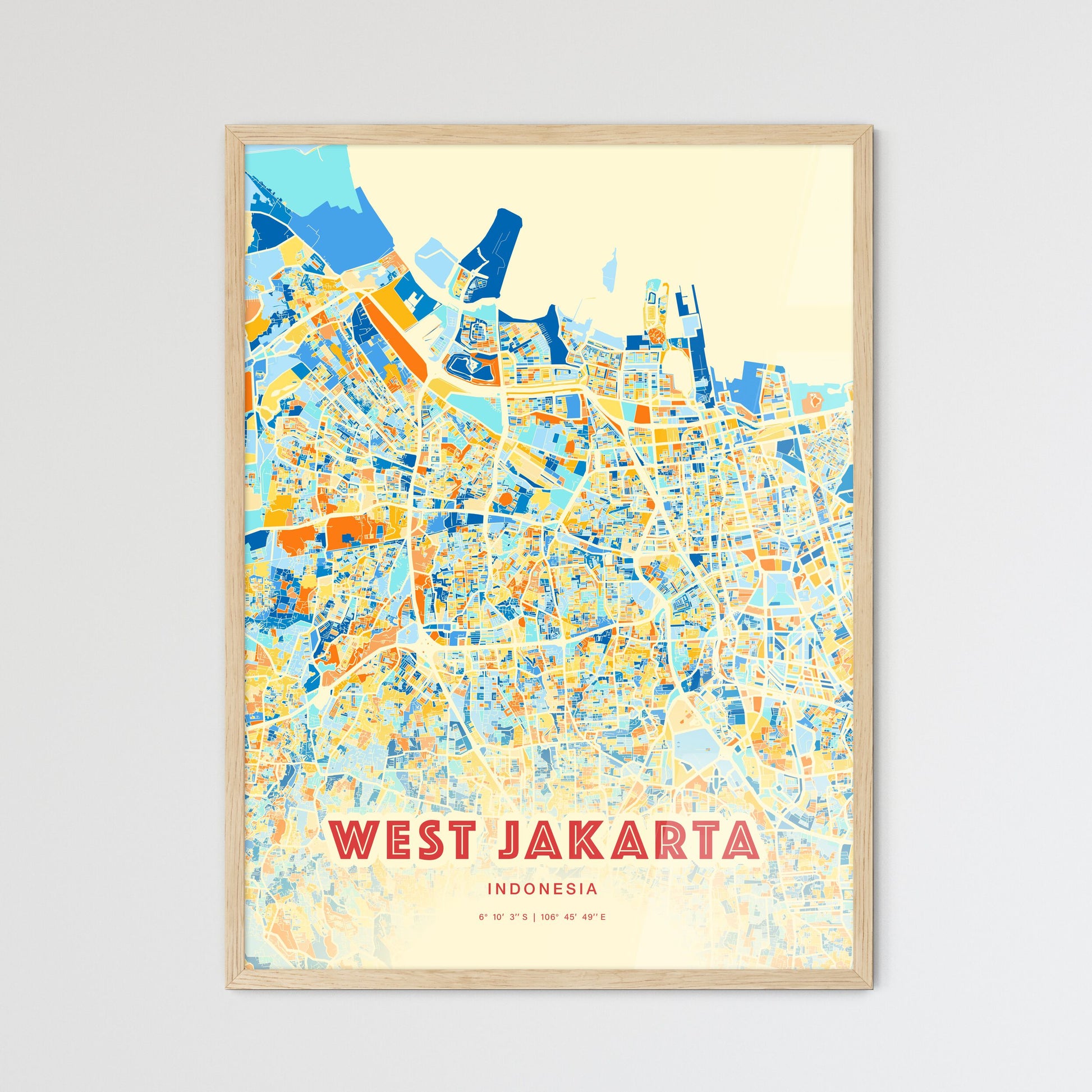 Colorful West Jakarta Indonesia Fine Art Map Blue Orange