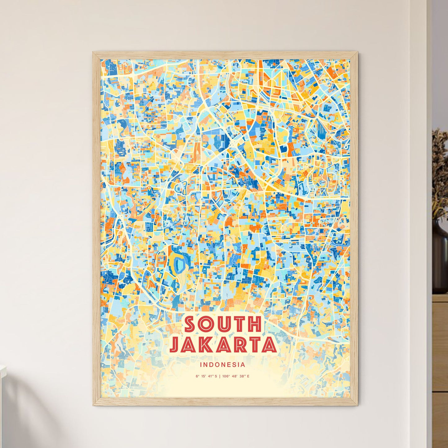 Colorful SOUTH JAKARTA INDONESIA Fine Art Map Blue Orange