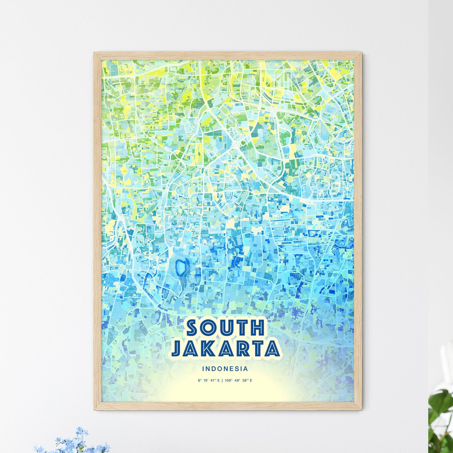 Colorful SOUTH JAKARTA INDONESIA Fine Art Map Cool Blue