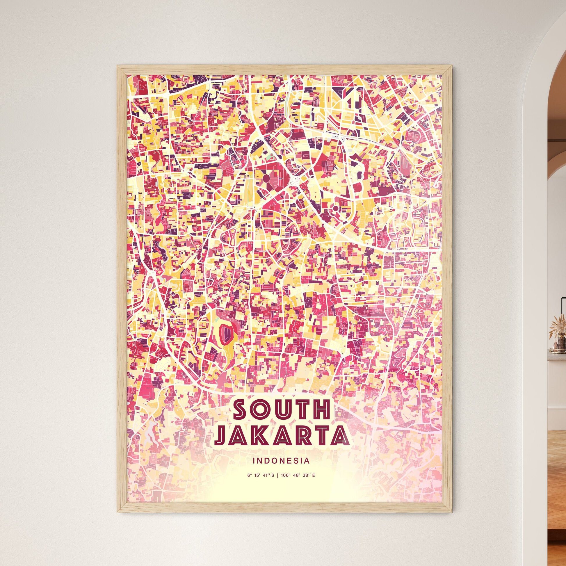 Colorful SOUTH JAKARTA INDONESIA Fine Art Map Hot Red