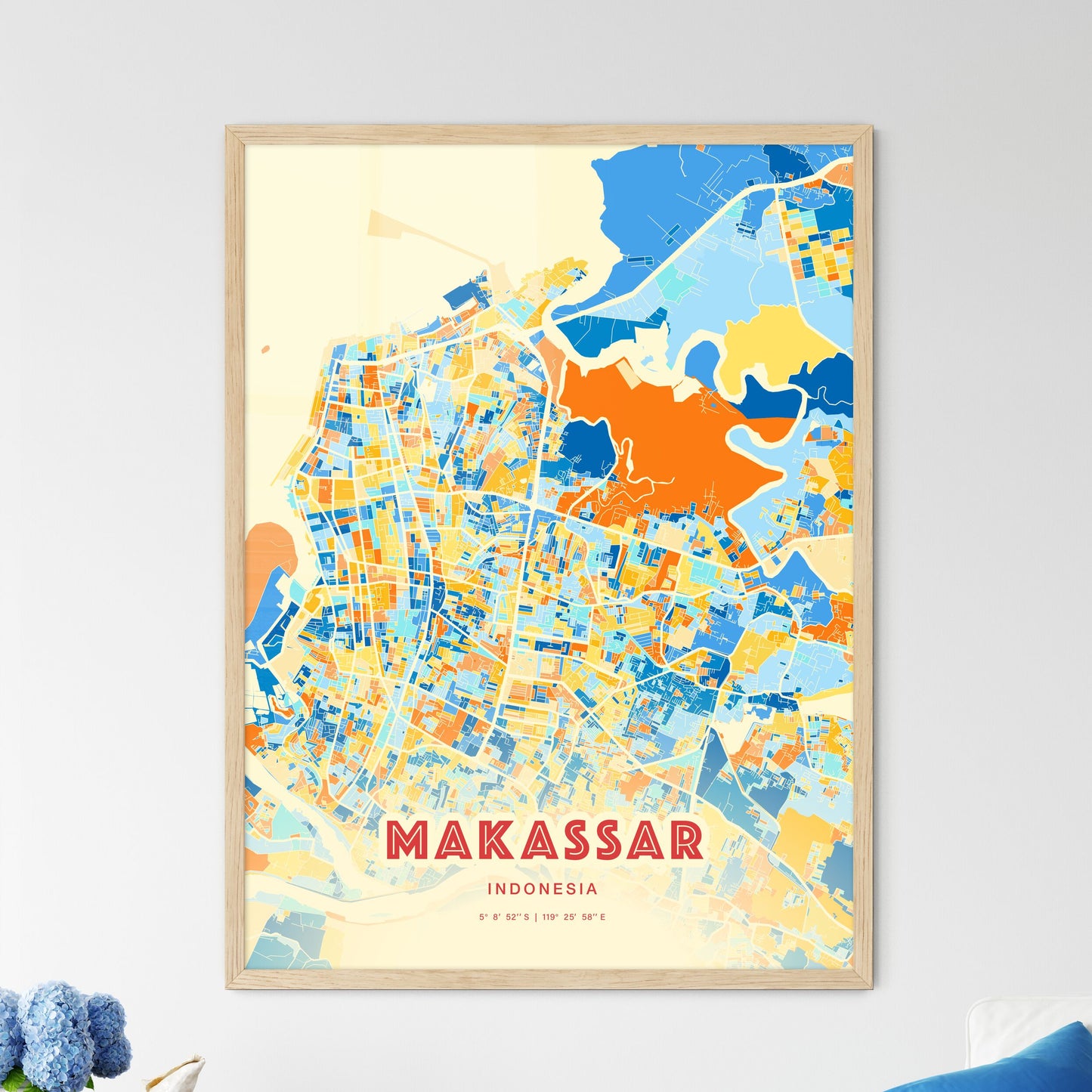 Colorful MAKASSAR INDONESIA Fine Art Map Blue Orange