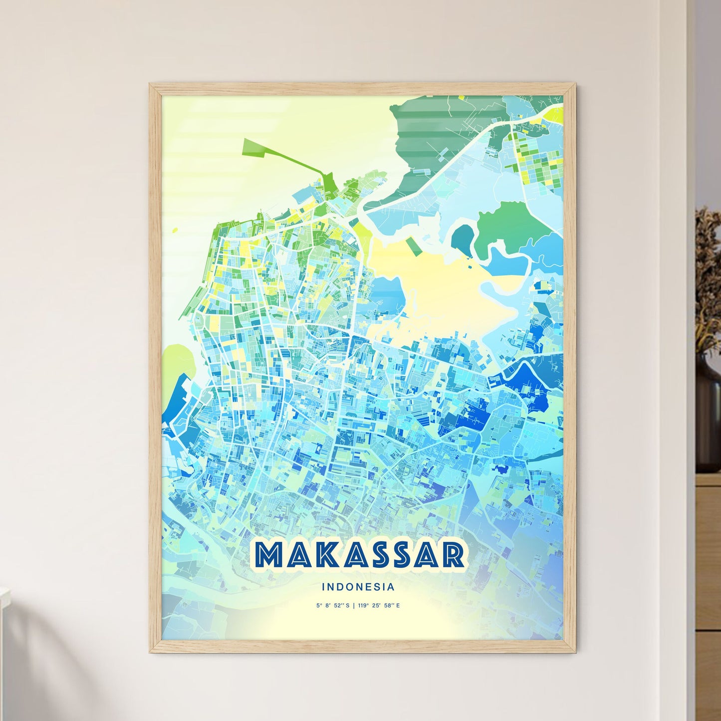 Colorful MAKASSAR INDONESIA Fine Art Map Cool Blue