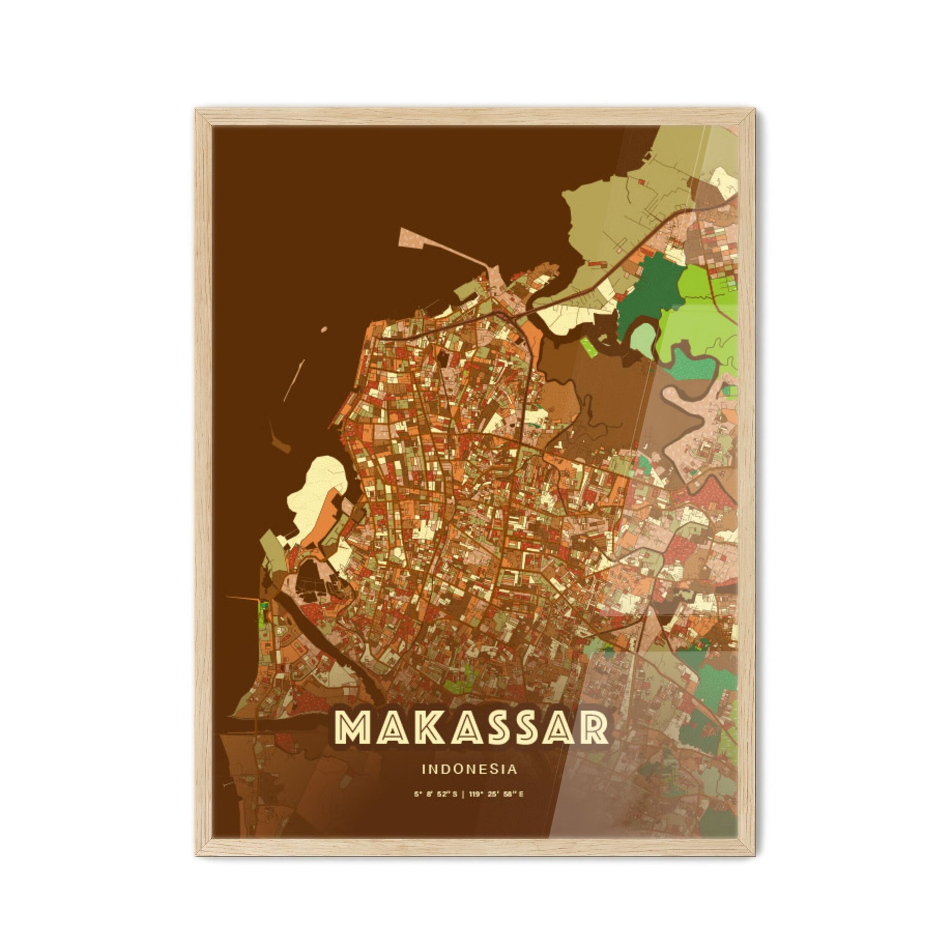 Colorful MAKASSAR INDONESIA Fine Art Map Farmhouse