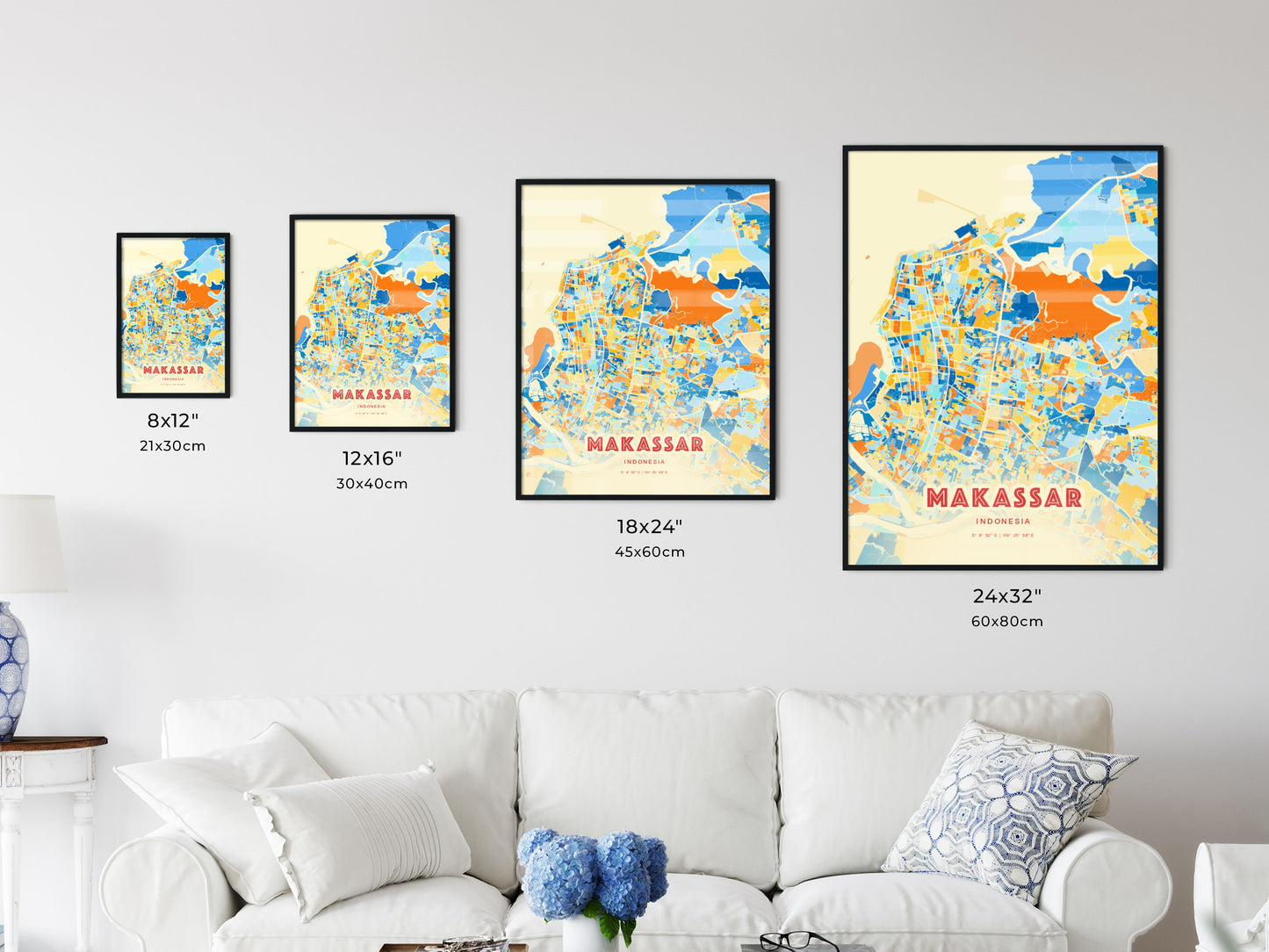 Colorful MAKASSAR INDONESIA Fine Art Map Blue Orange