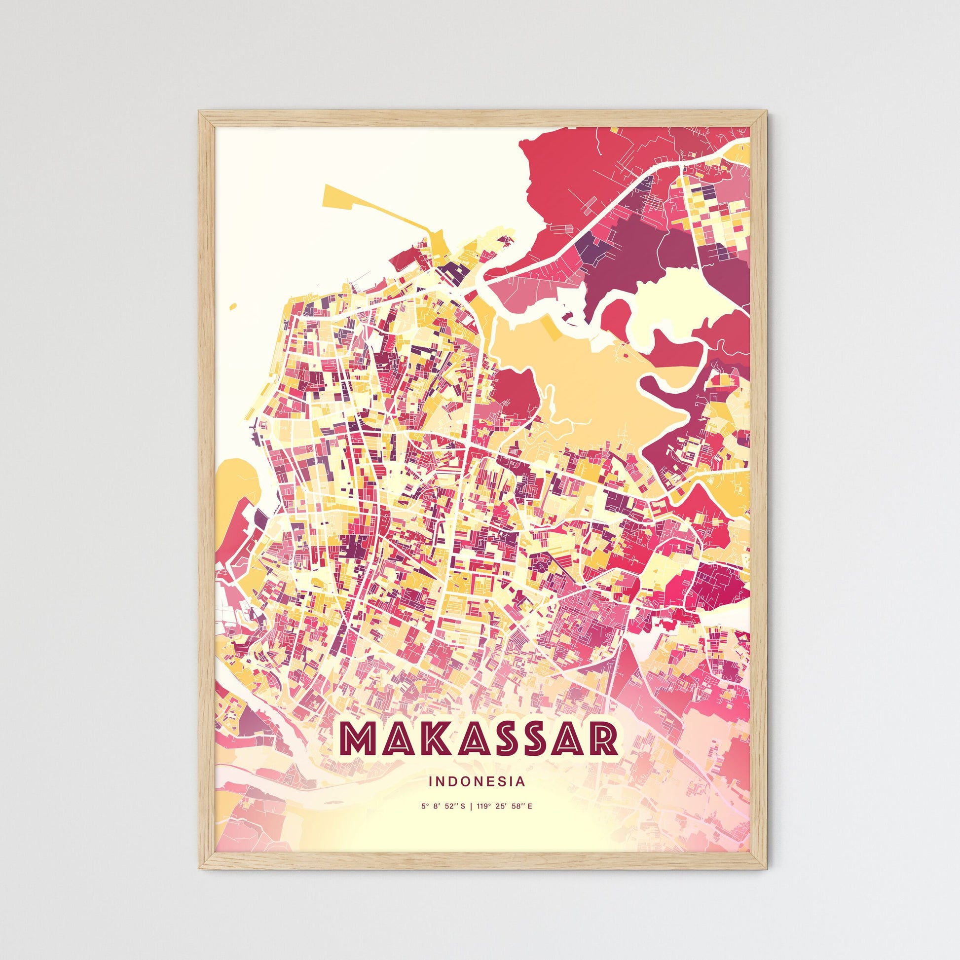 Colorful MAKASSAR INDONESIA Fine Art Map Hot Red