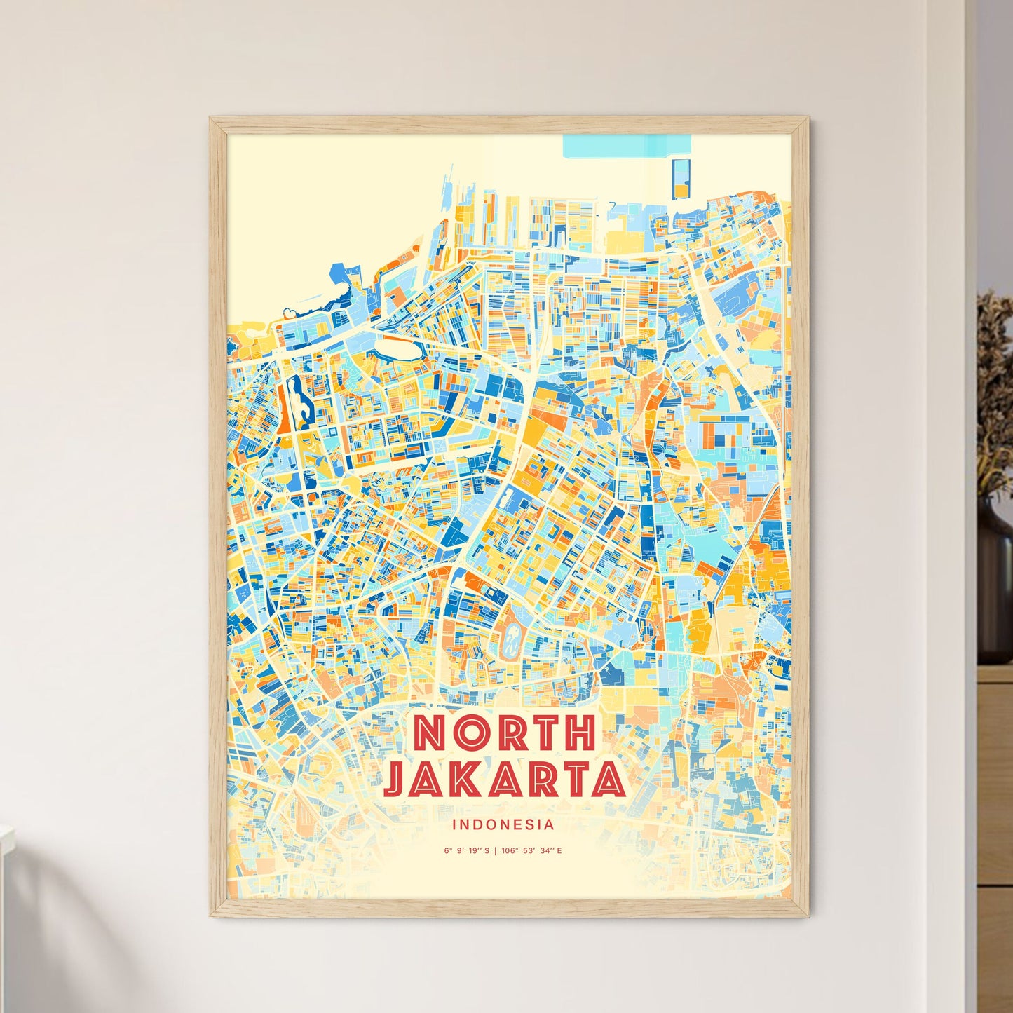 Colorful NORTH JAKARTA INDONESIA Fine Art Map Blue Orange