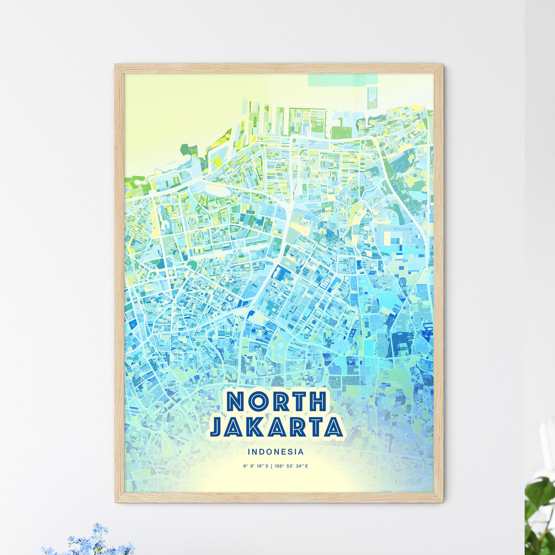 Colorful NORTH JAKARTA INDONESIA Fine Art Map Cool Blue