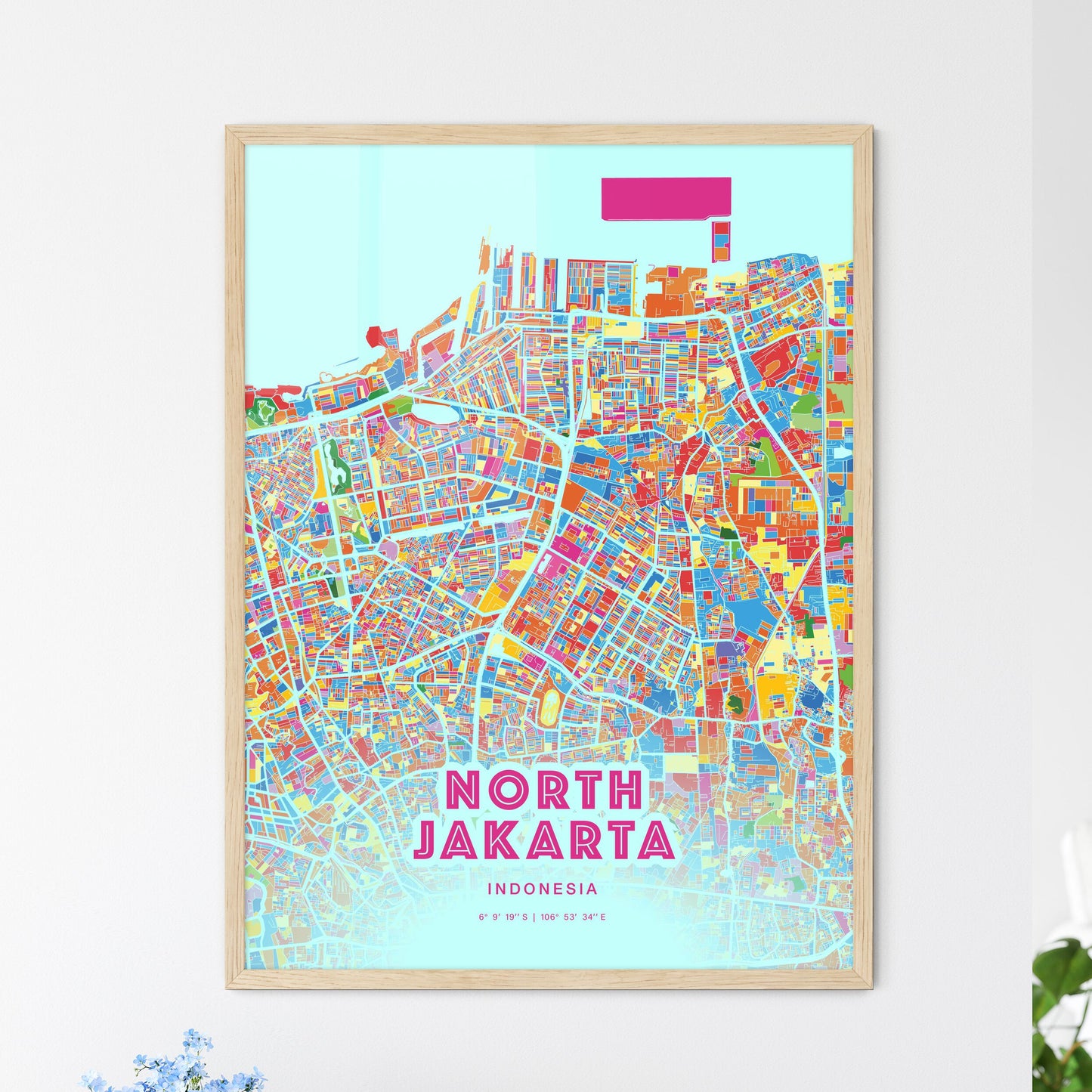Colorful NORTH JAKARTA INDONESIA Fine Art Map Crazy Colors