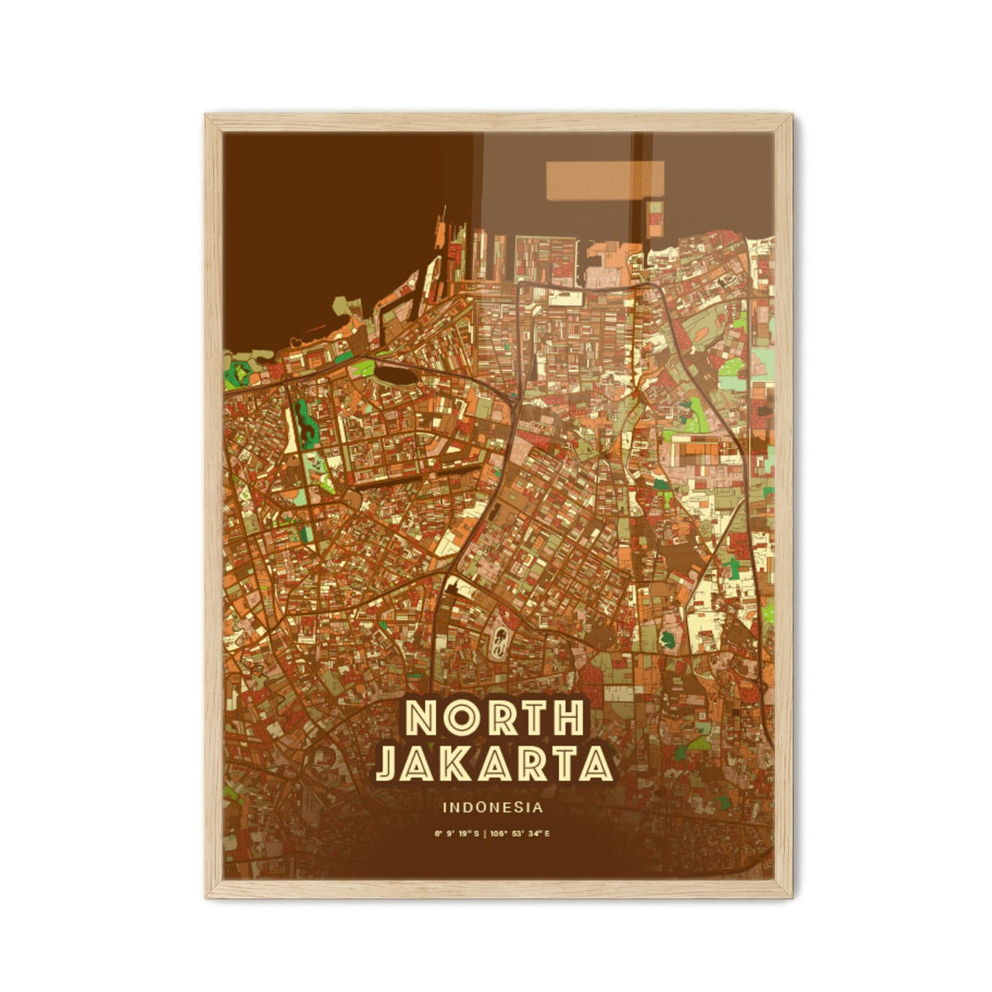 Colorful NORTH JAKARTA INDONESIA Fine Art Map Farmhouse