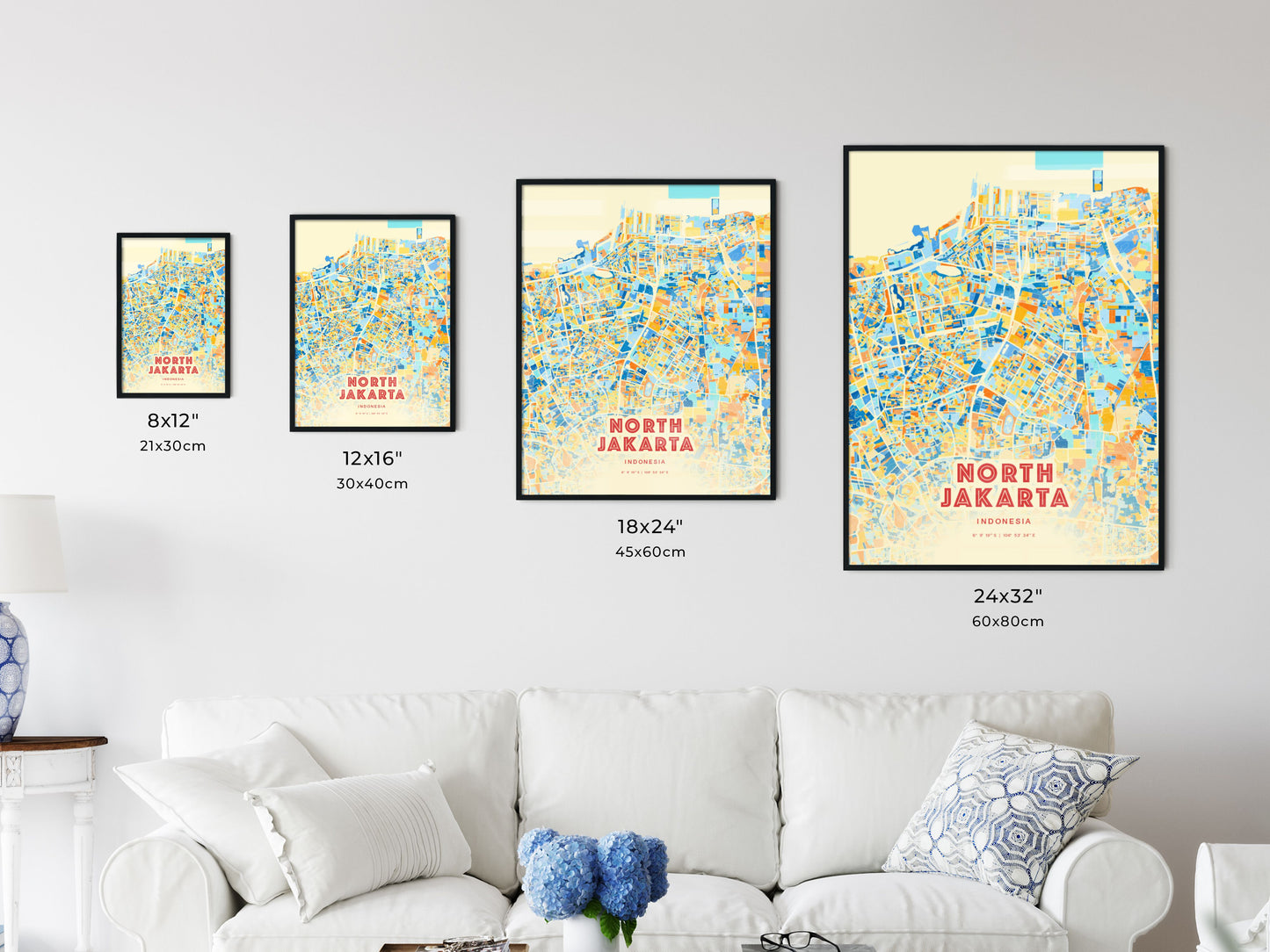 Colorful NORTH JAKARTA INDONESIA Fine Art Map Blue Orange