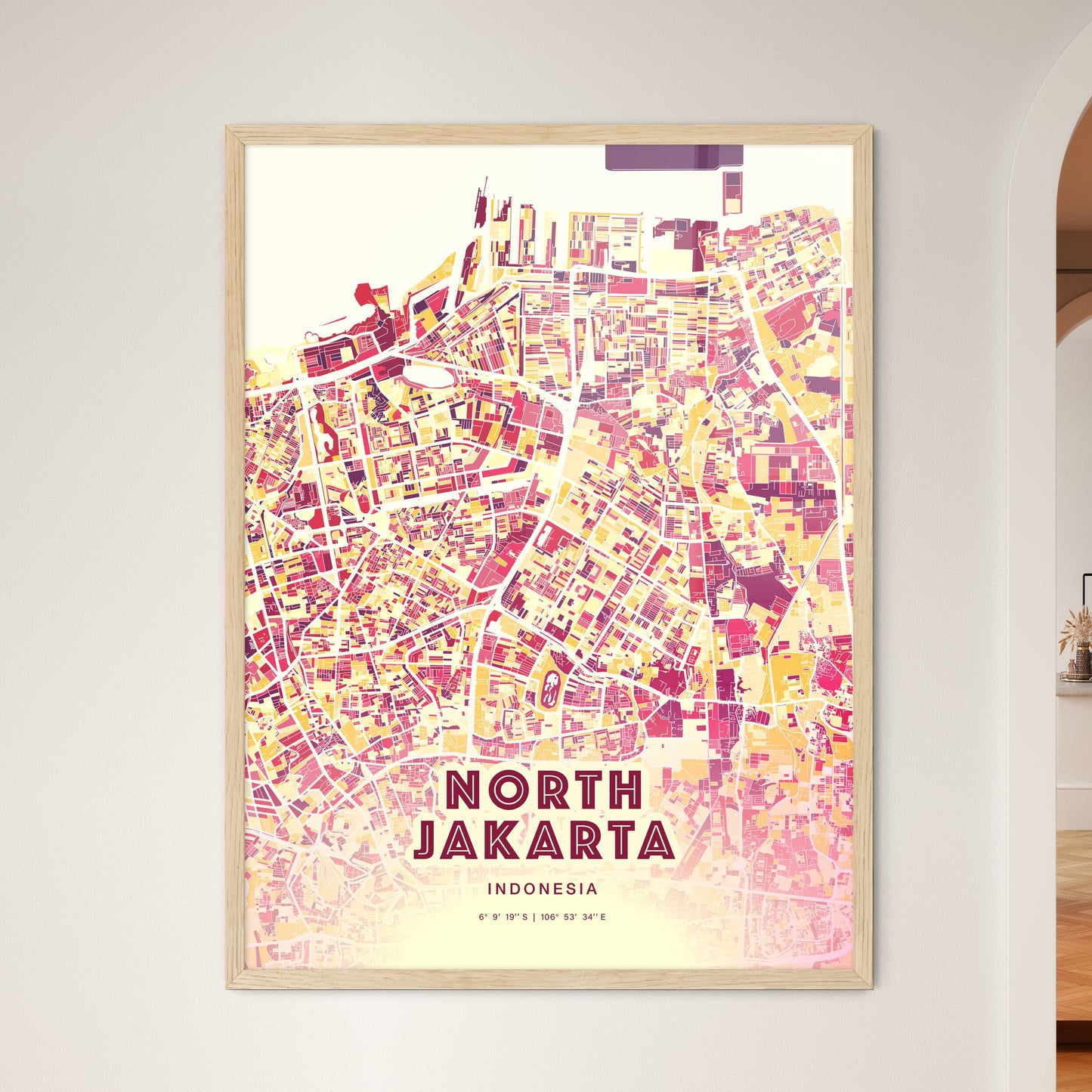 Colorful NORTH JAKARTA INDONESIA Fine Art Map Hot Red