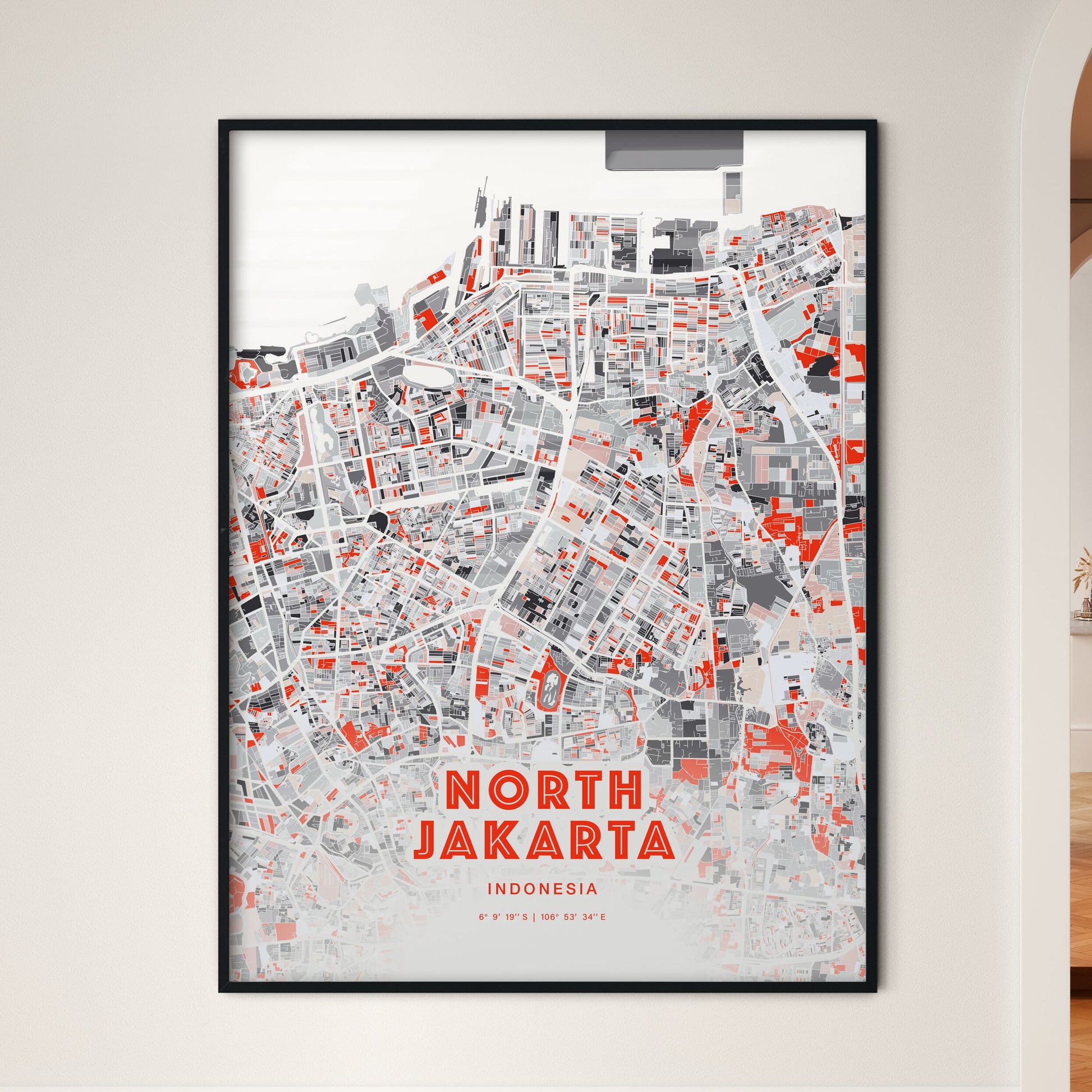 Colorful NORTH JAKARTA INDONESIA Fine Art Map Modern