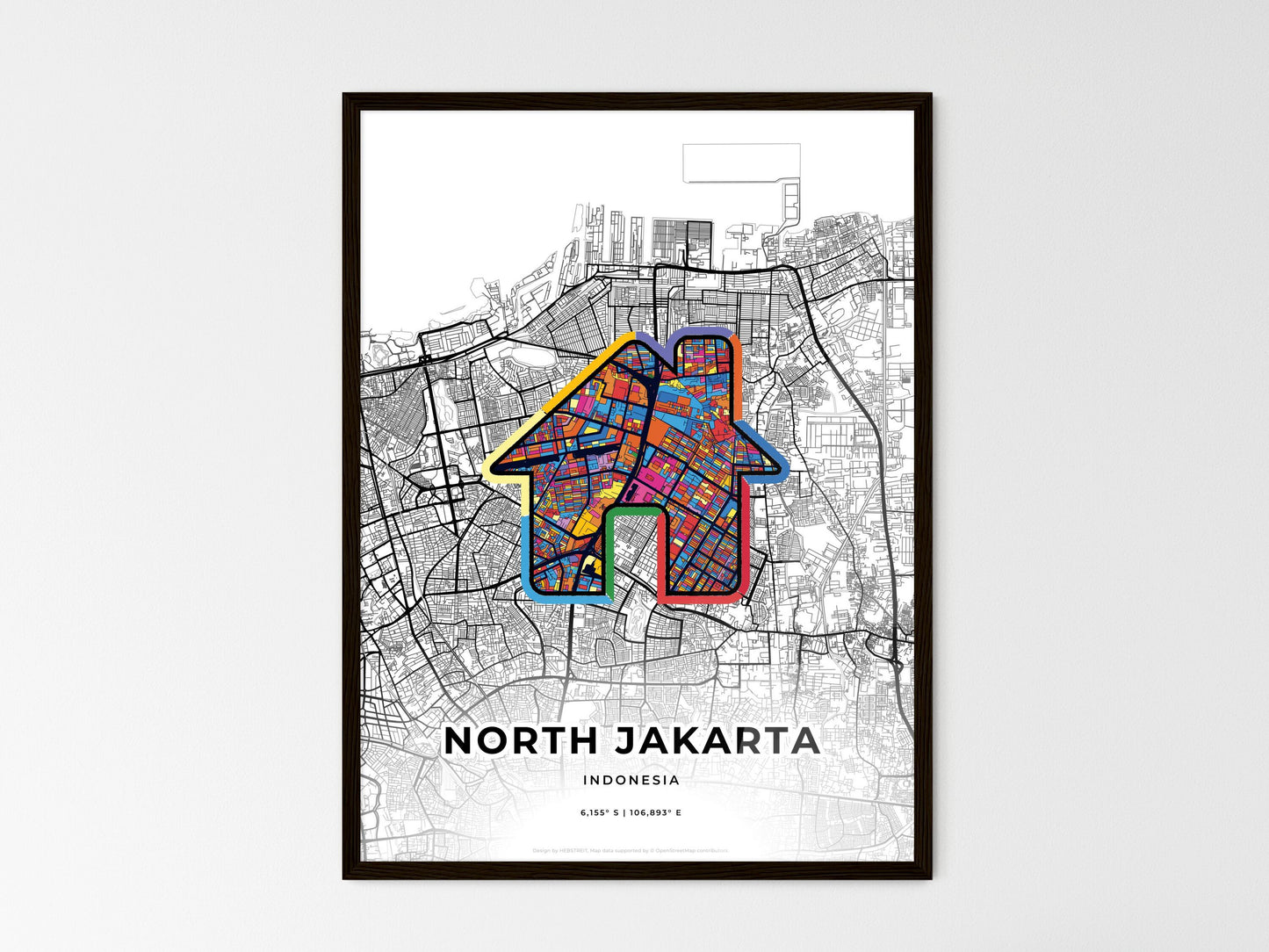 NORTH JAKARTA INDONESIA minimal art map with a colorful icon. Style 3
