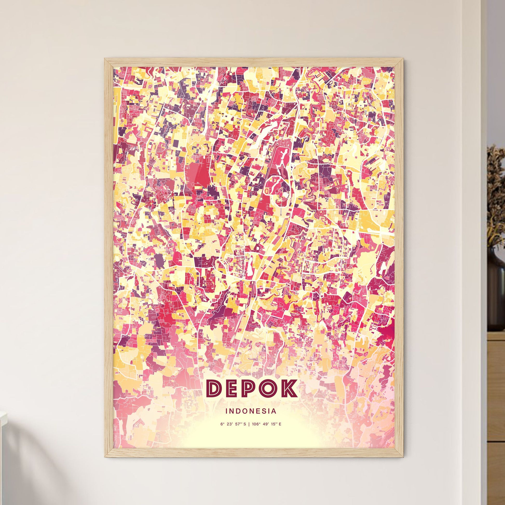 Colorful DEPOK INDONESIA Fine Art Map Hot Red