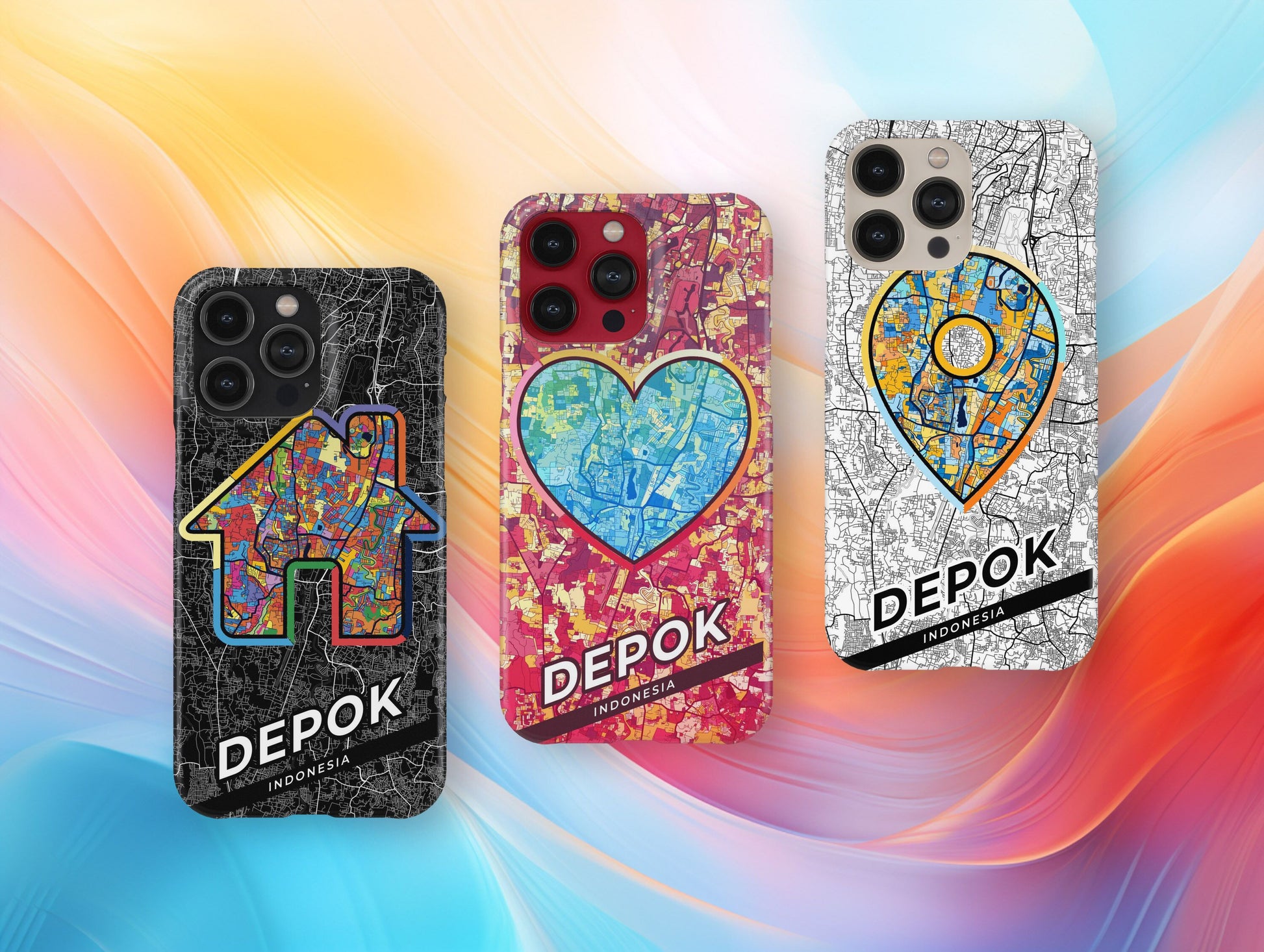 Depok Indonesia slim phone case with colorful icon. Birthday, wedding or housewarming gift. Couple match cases.
