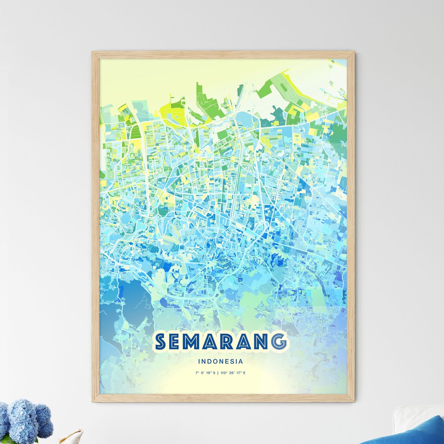 Colorful SEMARANG INDONESIA Fine Art Map Cool Blue