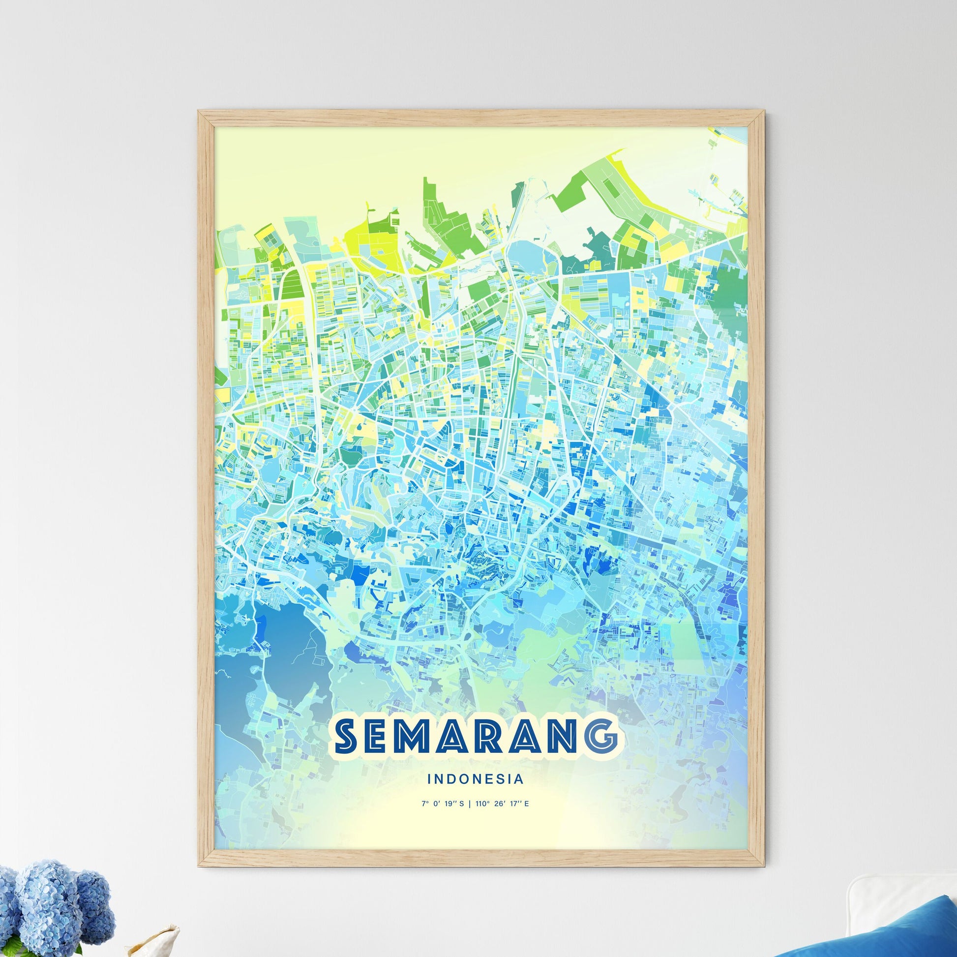 Colorful SEMARANG INDONESIA Fine Art Map Cool Blue