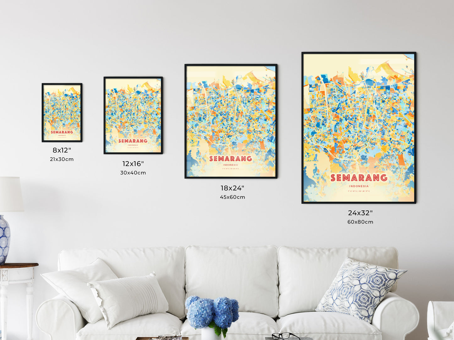 Colorful SEMARANG INDONESIA Fine Art Map Blue Orange