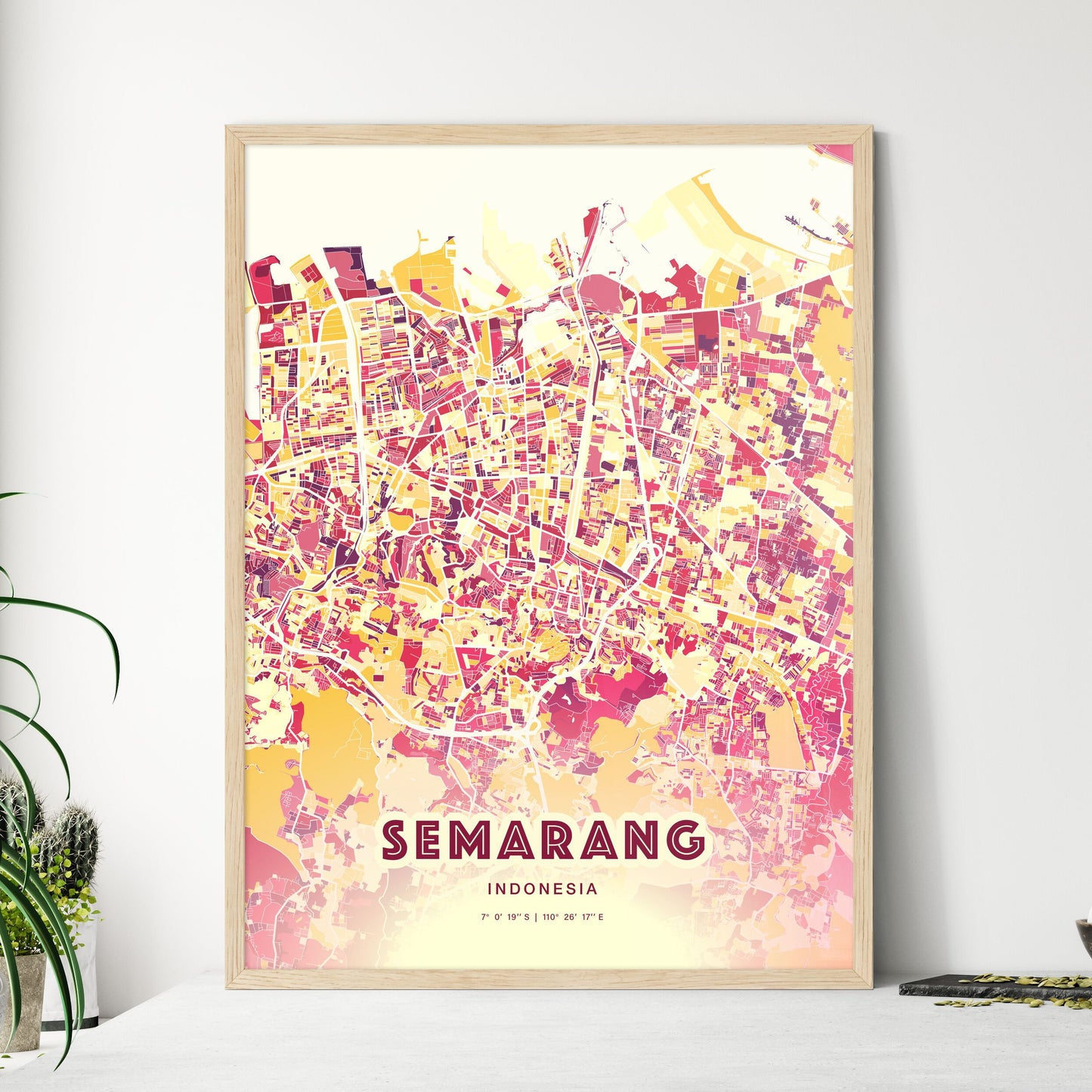 Colorful SEMARANG INDONESIA Fine Art Map Hot Red