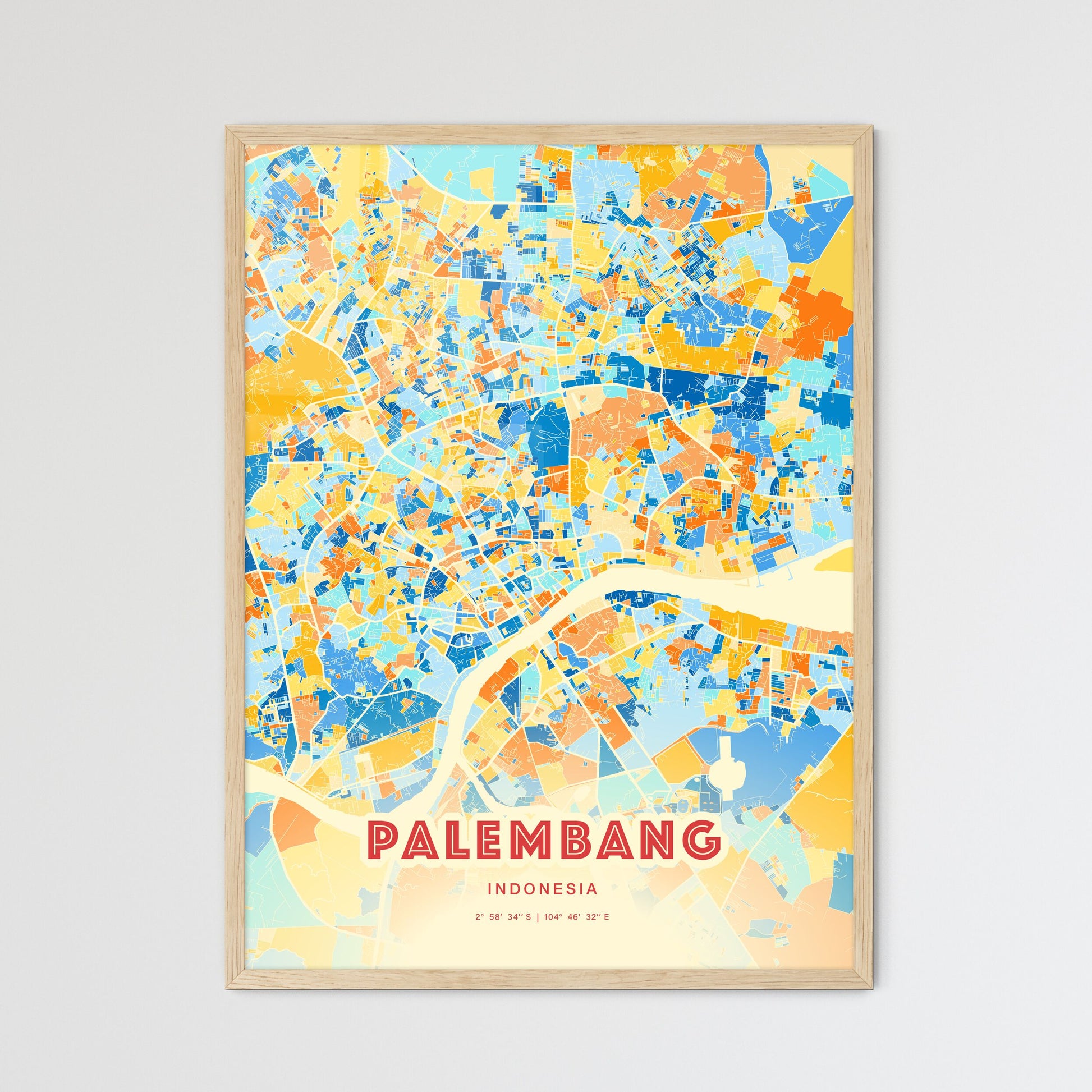 Colorful PALEMBANG INDONESIA Fine Art Map Blue Orange