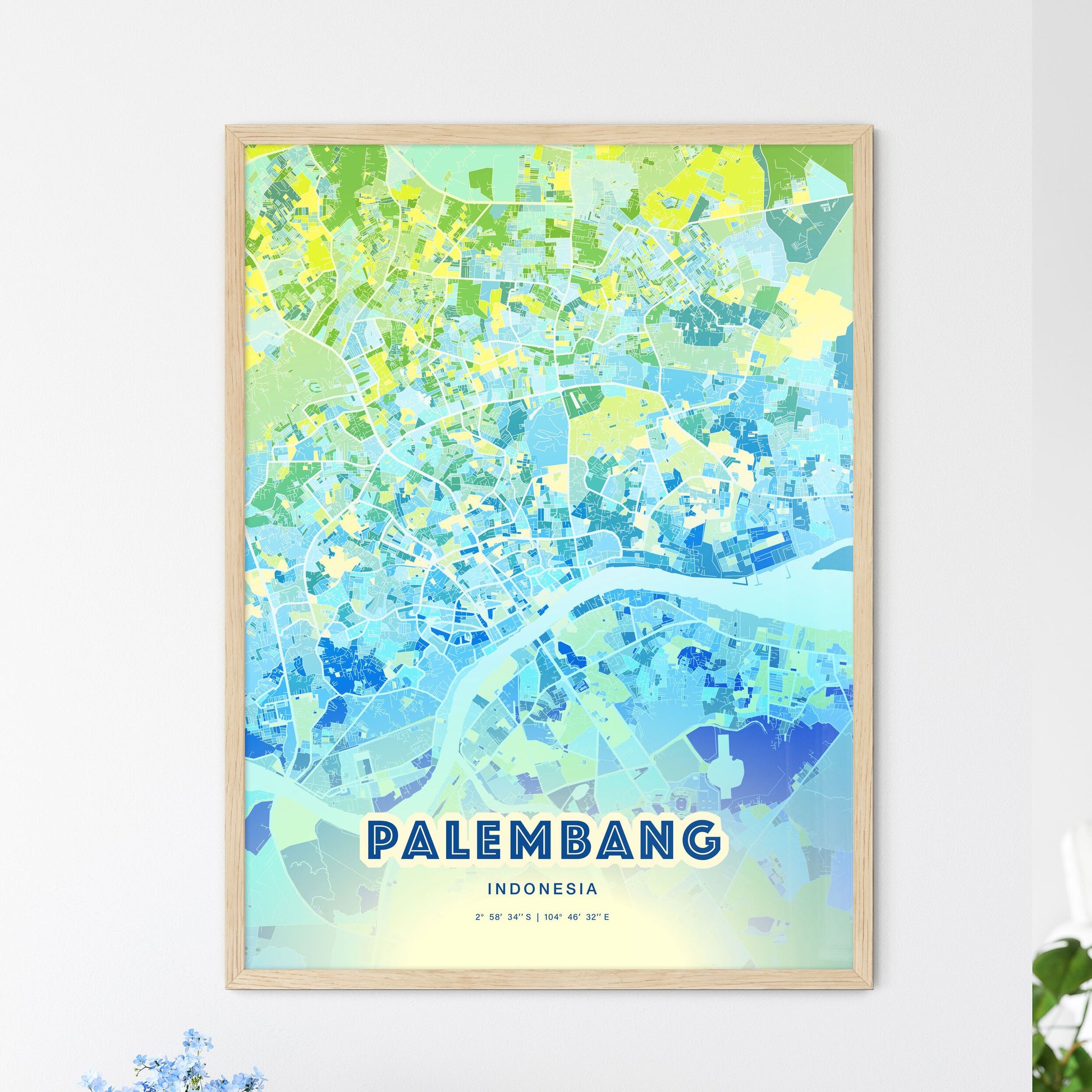 Colorful PALEMBANG INDONESIA Fine Art Map Cool Blue