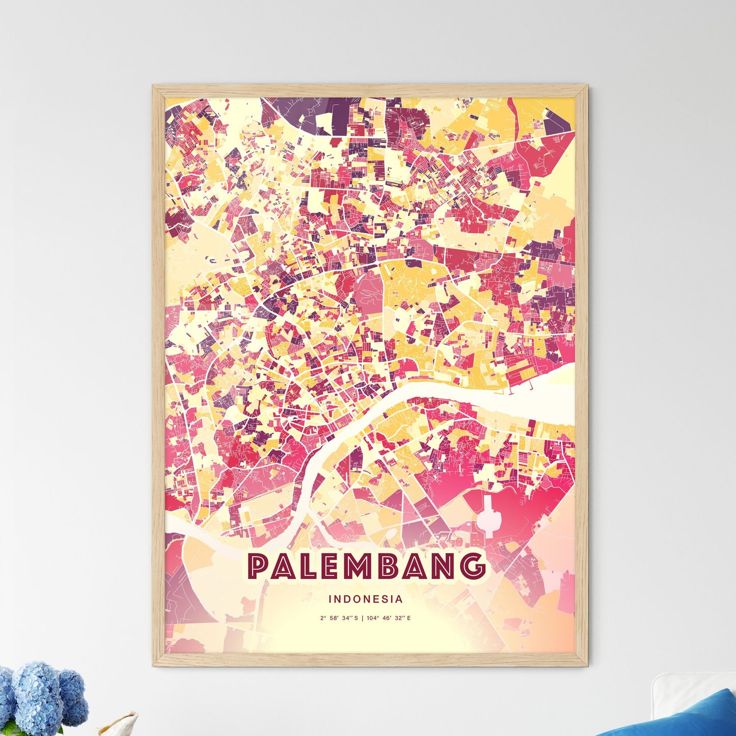 Colorful PALEMBANG INDONESIA Fine Art Map Hot Red