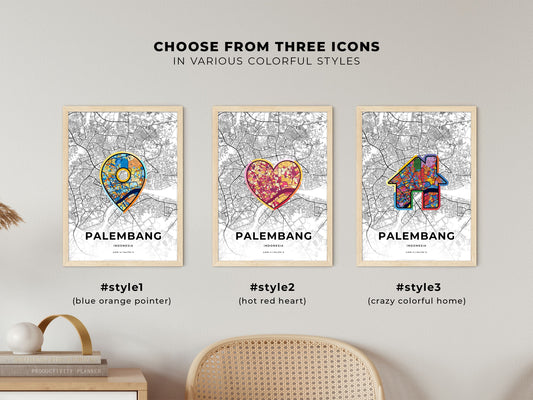 Palembang Indonesia maps with colorful icons