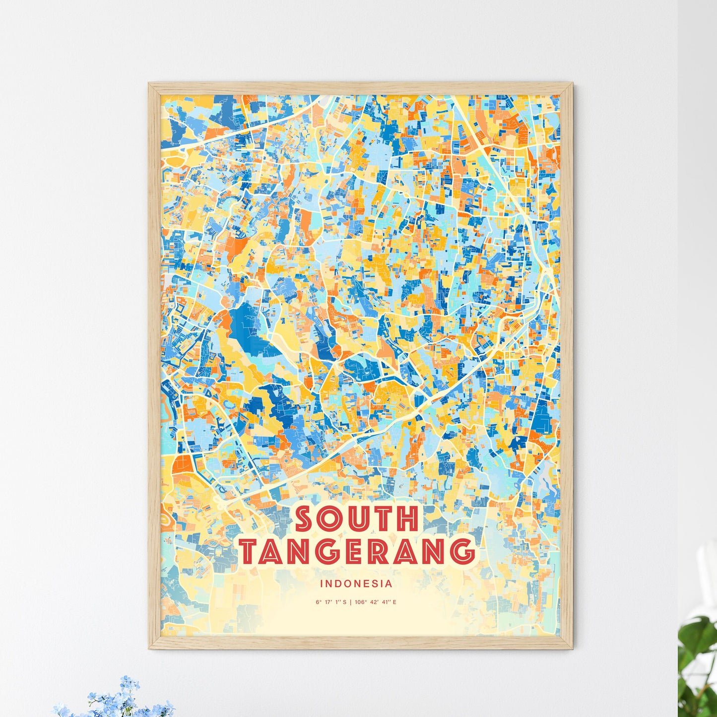 Colorful SOUTH TANGERANG INDONESIA Fine Art Map Blue Orange