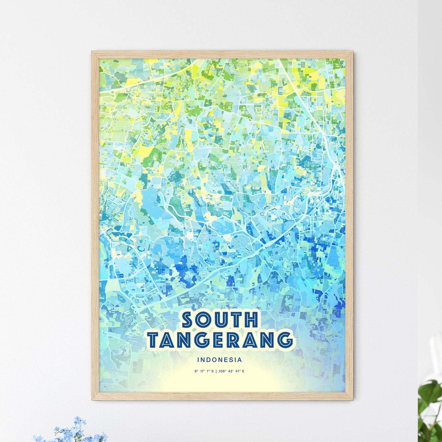 Colorful SOUTH TANGERANG INDONESIA Fine Art Map Cool Blue