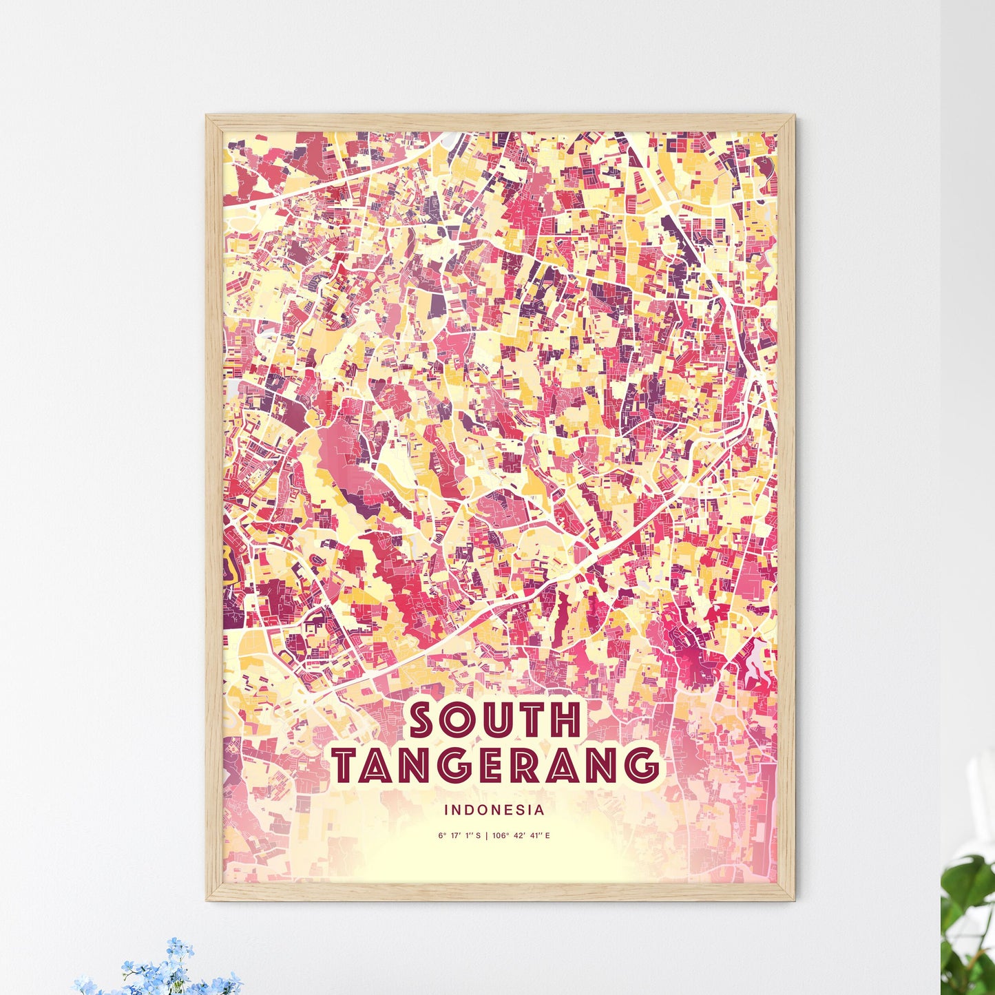 Colorful SOUTH TANGERANG INDONESIA Fine Art Map Hot Red