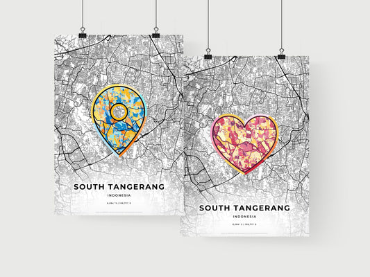 SOUTH TANGERANG INDONESIA minimal art map with a colorful icon. Where it all began, Couple map gift.