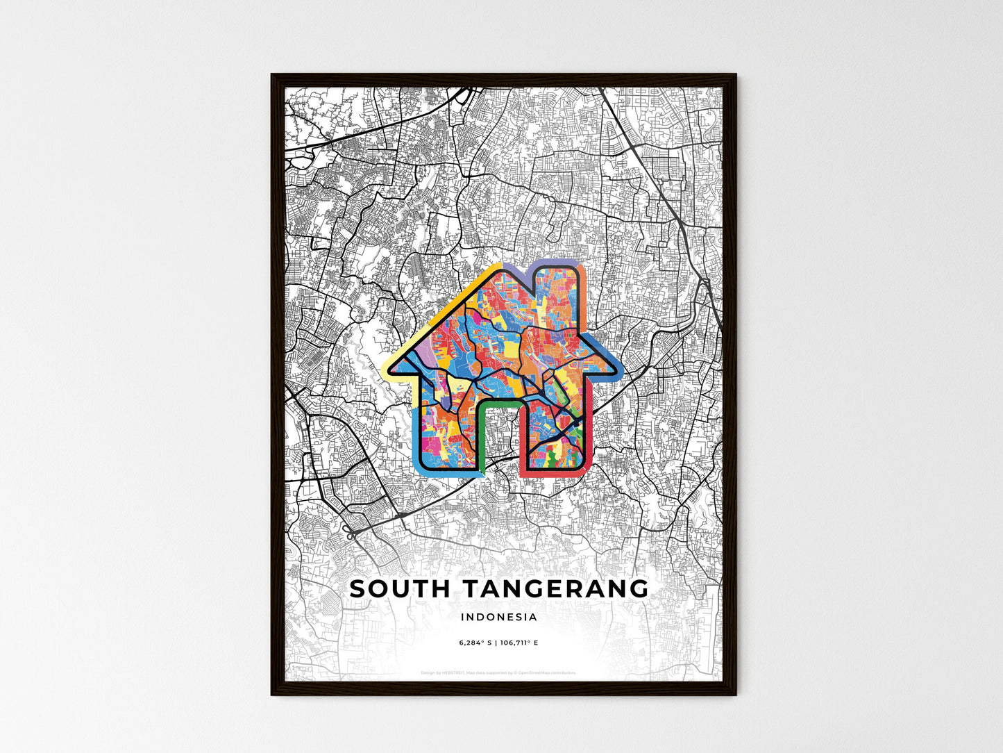 SOUTH TANGERANG INDONESIA minimal art map with a colorful icon. Where it all began, Couple map gift. Style 3
