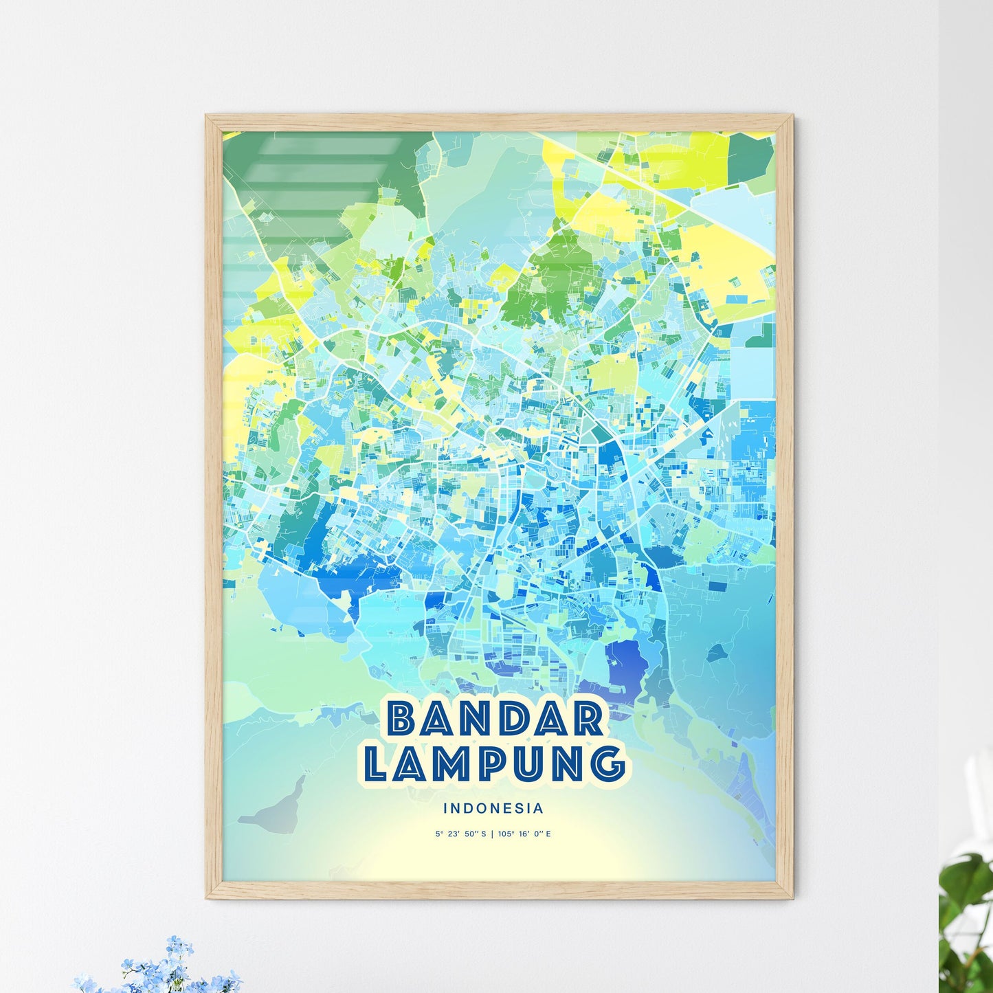 Colorful BANDAR LAMPUNG INDONESIA Fine Art Map Cool Blue