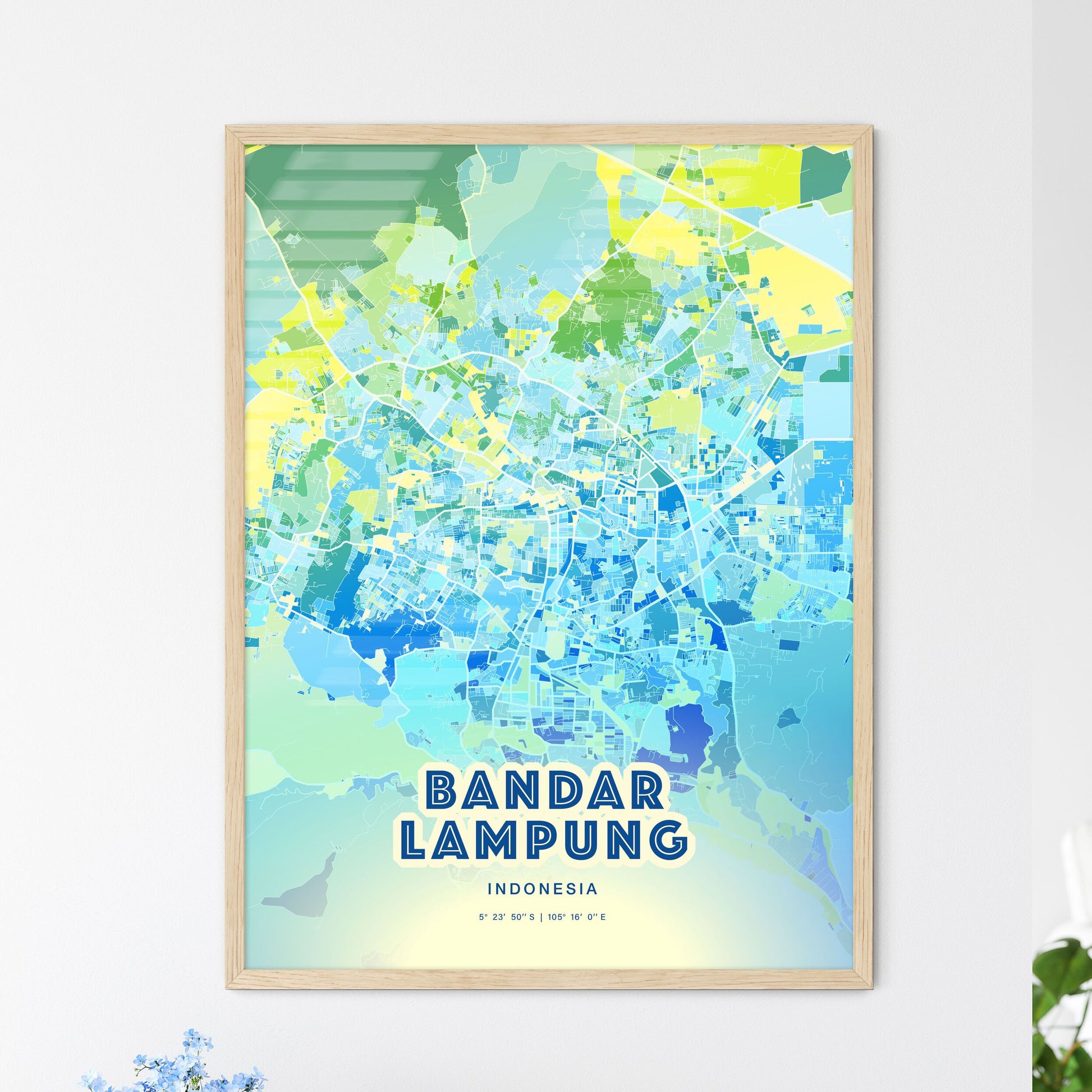 Colorful BANDAR LAMPUNG INDONESIA Fine Art Map Cool Blue