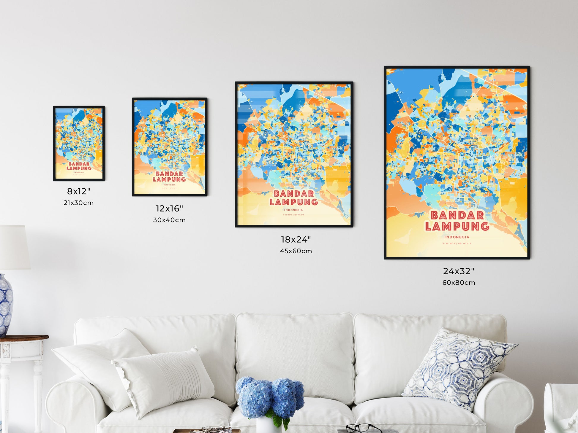 Colorful BANDAR LAMPUNG INDONESIA Fine Art Map Blue Orange