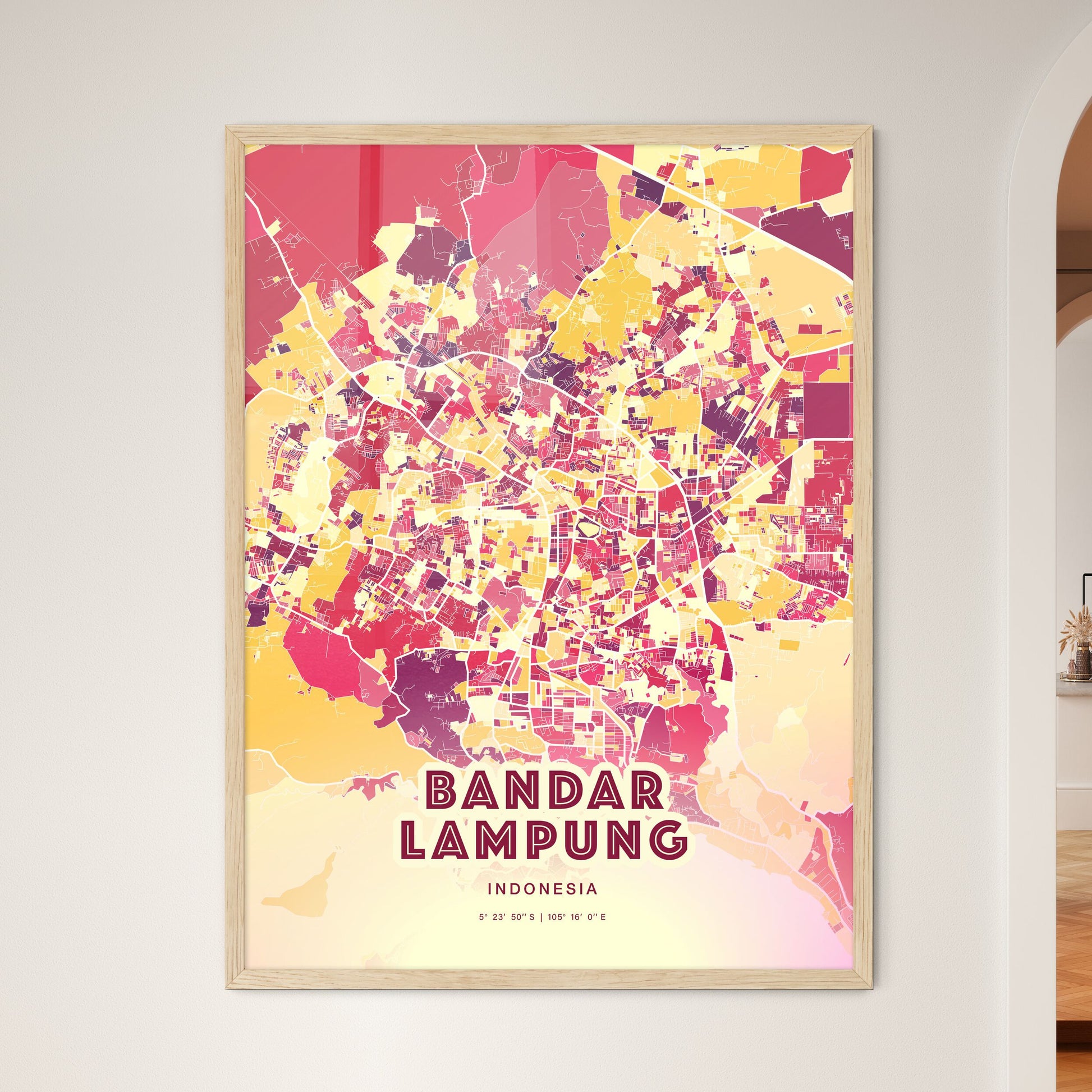 Colorful BANDAR LAMPUNG INDONESIA Fine Art Map Hot Red