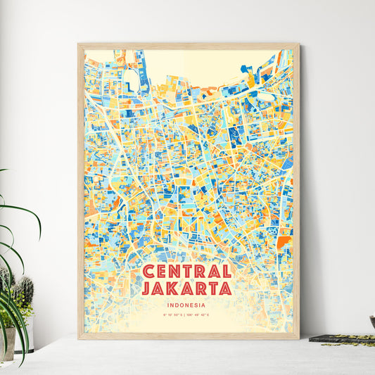 Colorful CENTRAL JAKARTA INDONESIA Fine Art Map Blue Orange