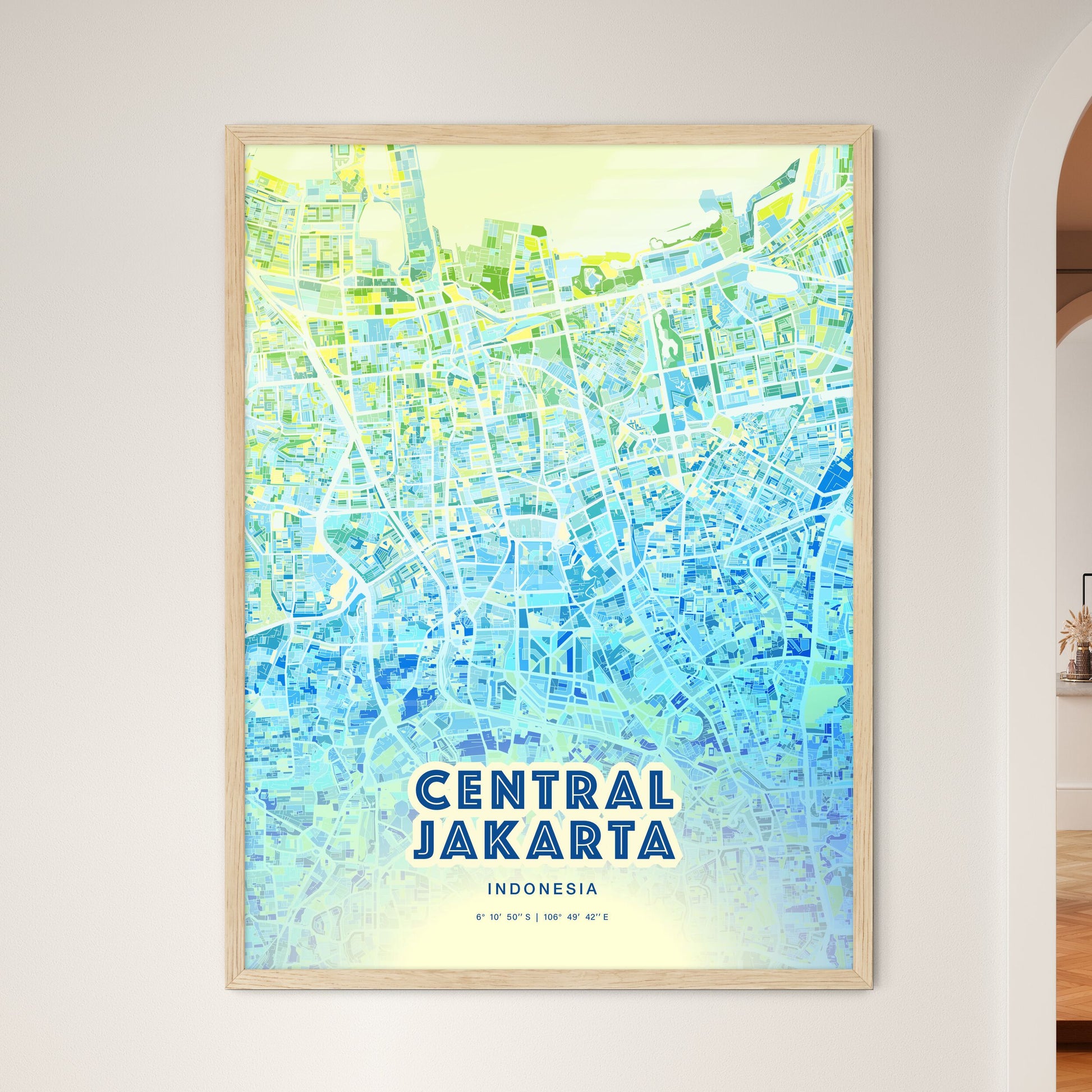 Colorful CENTRAL JAKARTA INDONESIA Fine Art Map Cool Blue