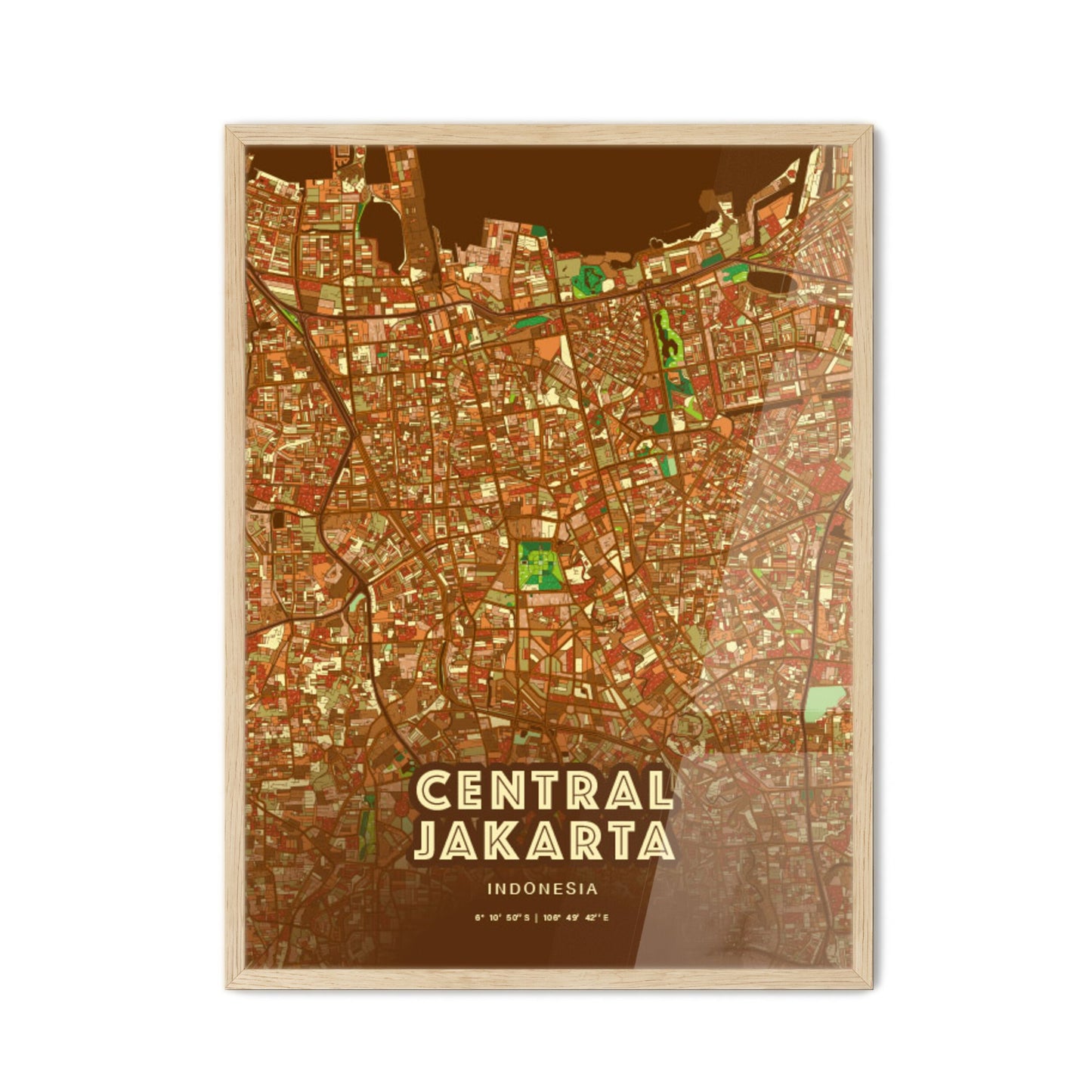 Colorful CENTRAL JAKARTA INDONESIA Fine Art Map Farmhouse