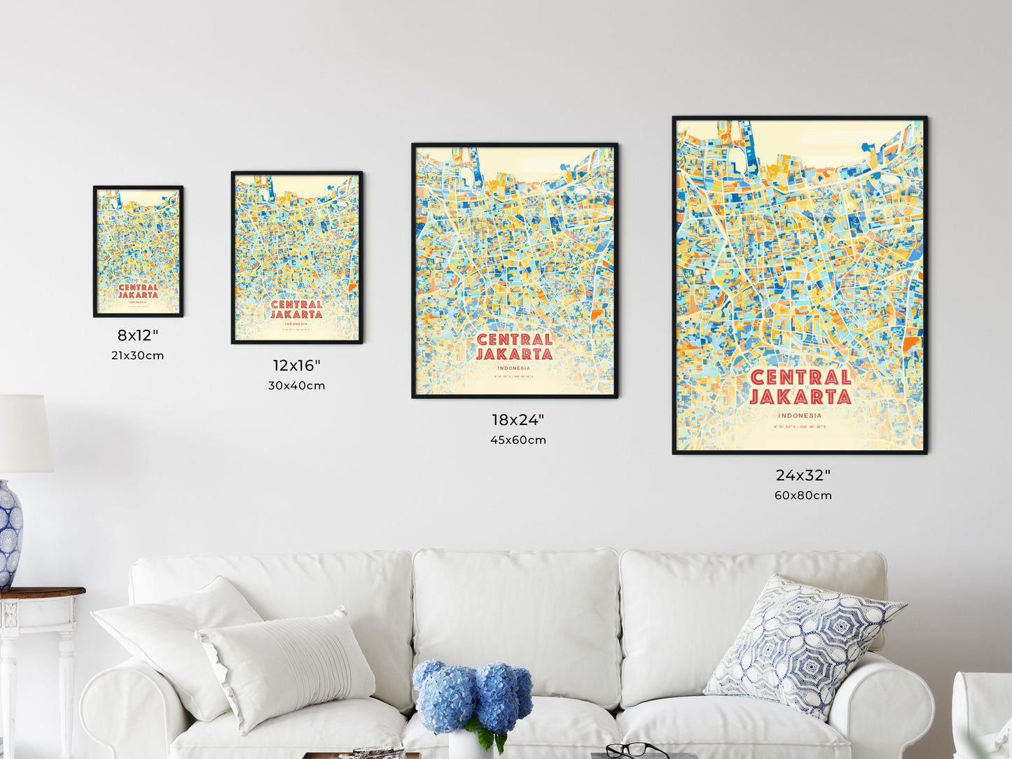 Colorful CENTRAL JAKARTA INDONESIA Fine Art Map Blue Orange