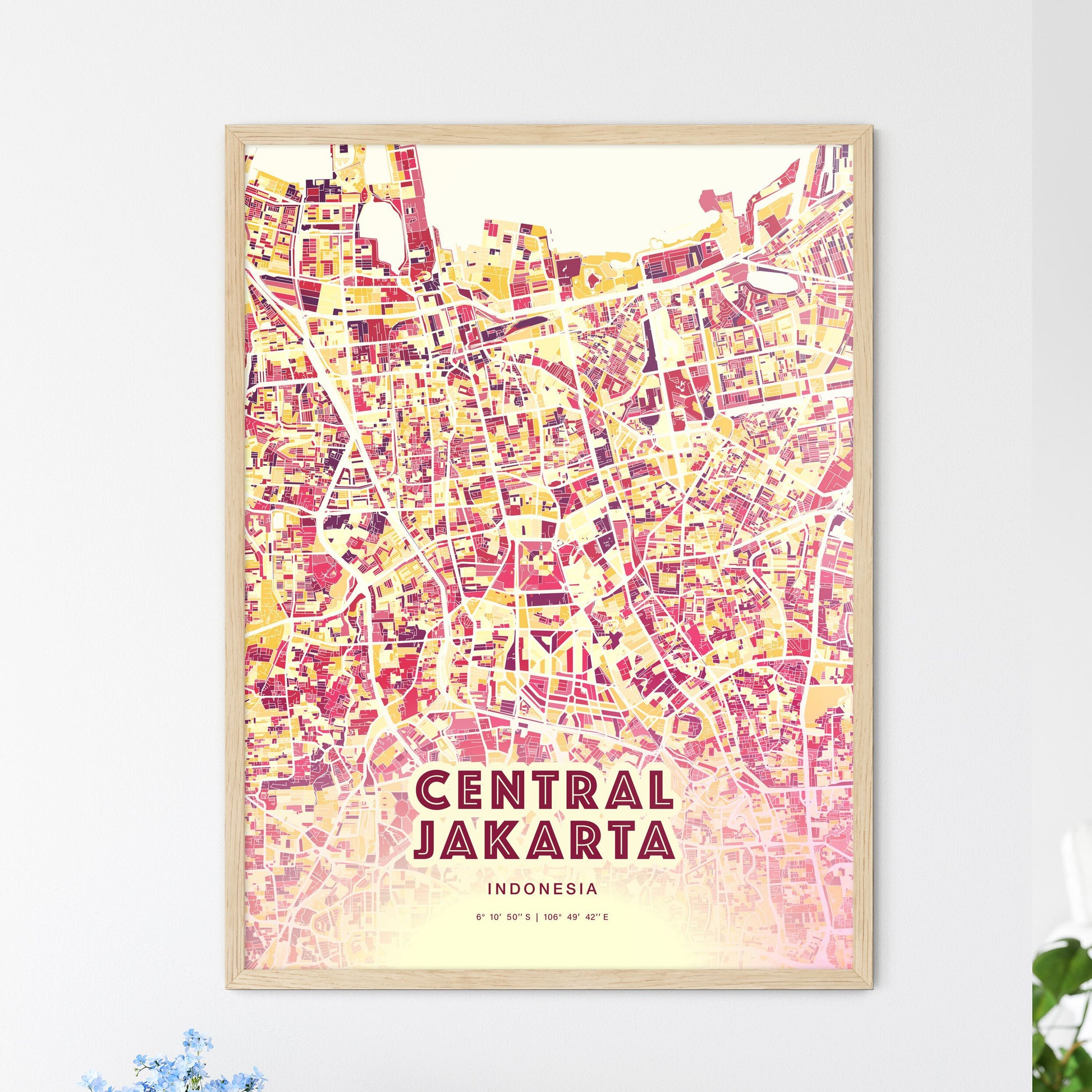 Colorful CENTRAL JAKARTA INDONESIA Fine Art Map Hot Red