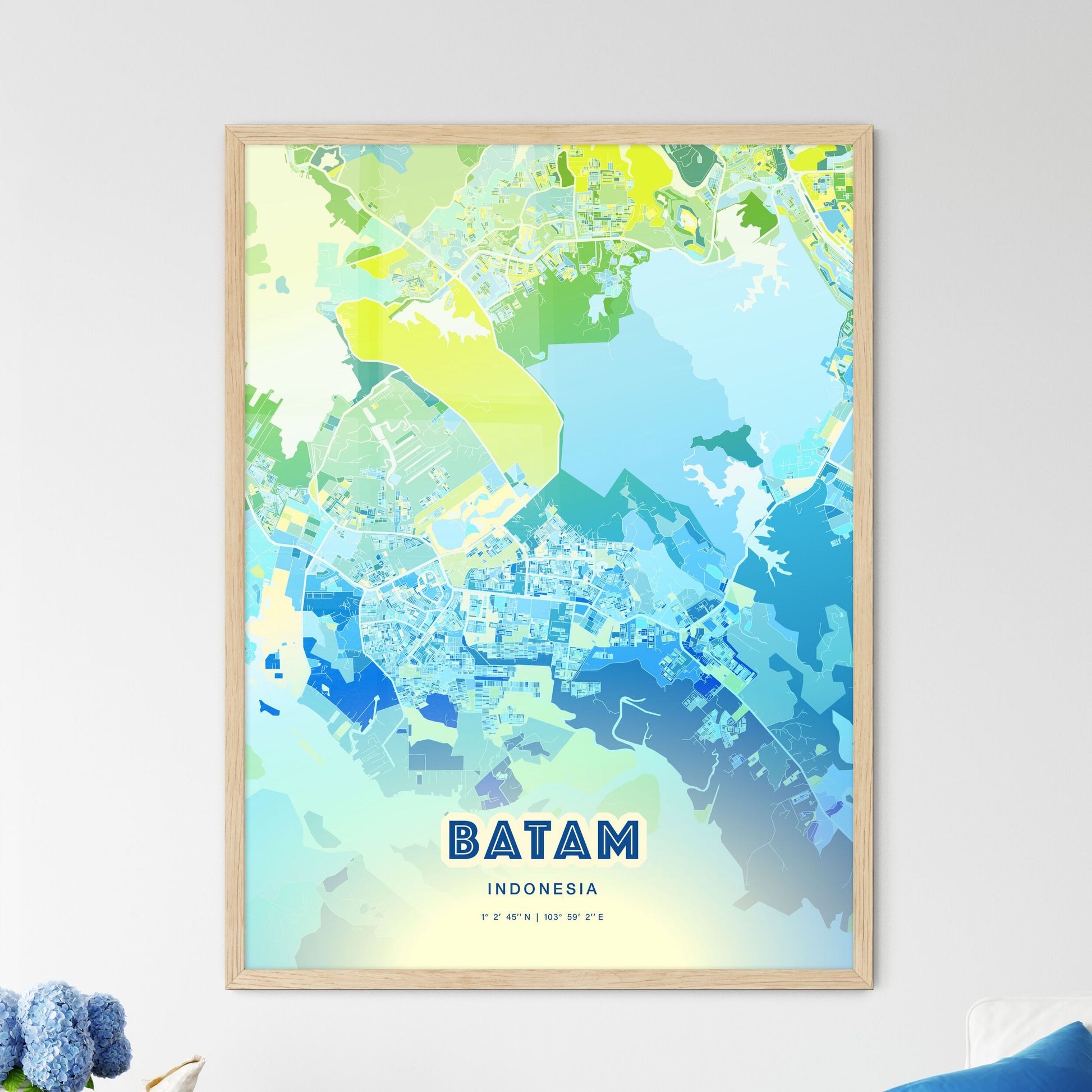 Colorful BATAM INDONESIA Fine Art Map Cool Blue