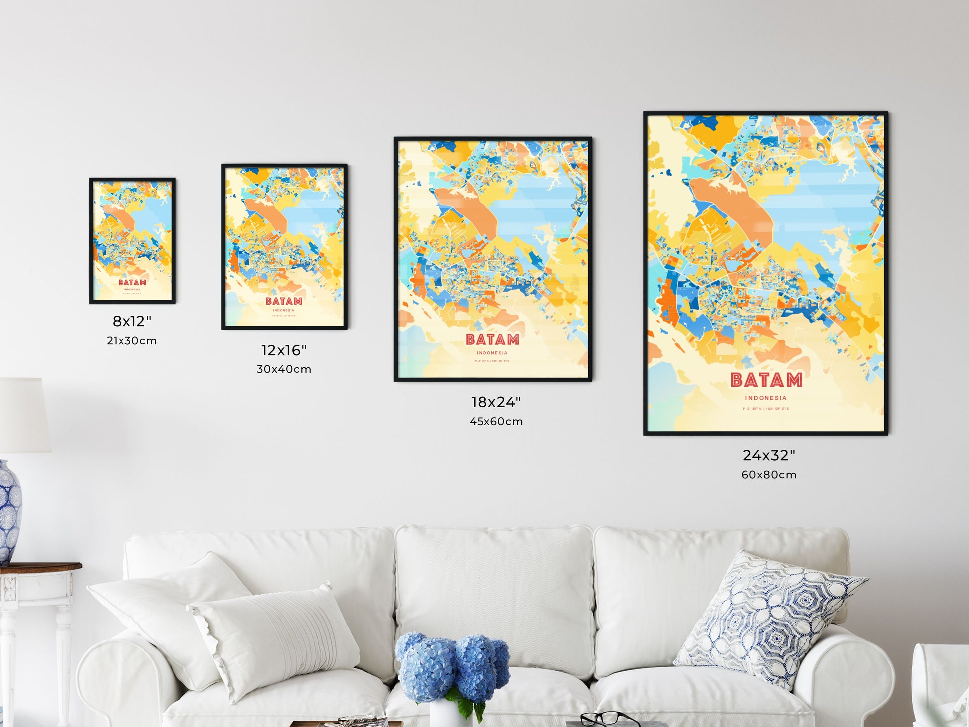 Colorful BATAM INDONESIA Fine Art Map Blue Orange