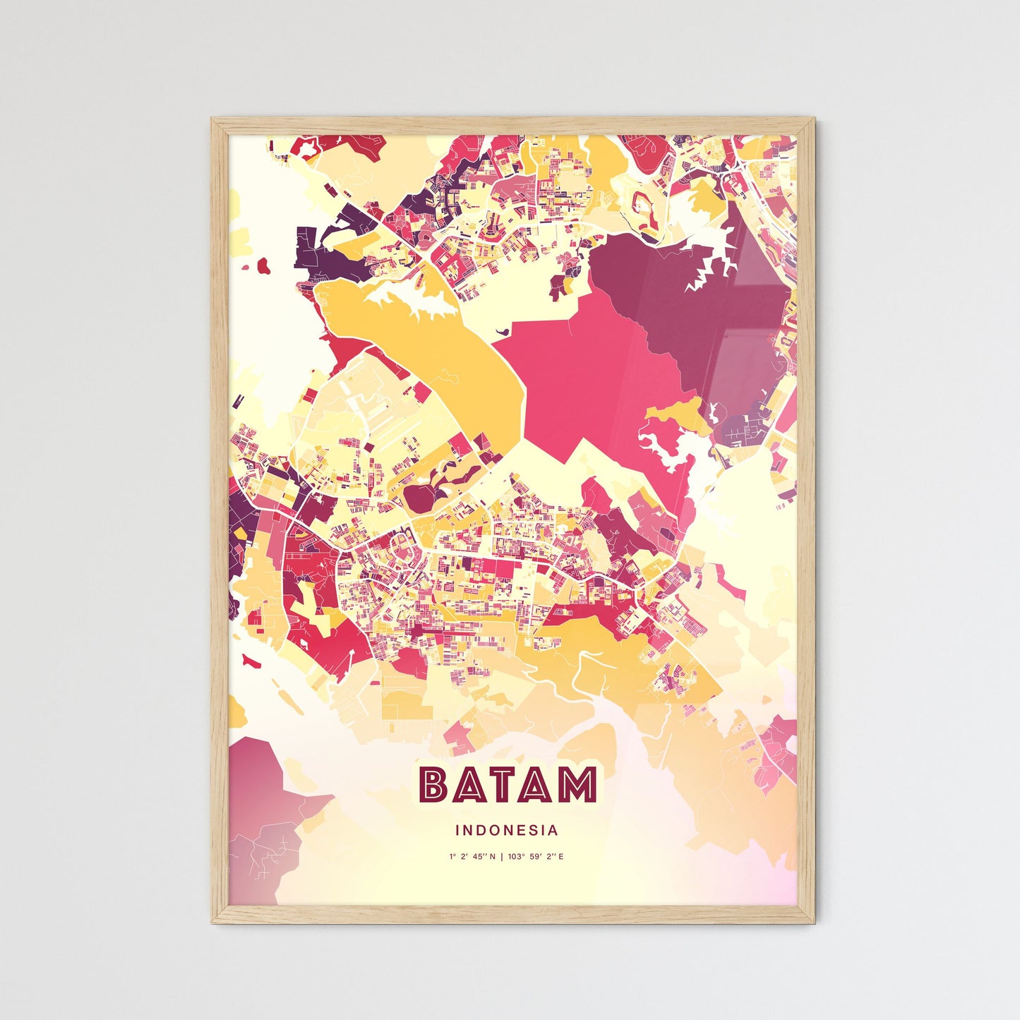 Colorful BATAM INDONESIA Fine Art Map Hot Red