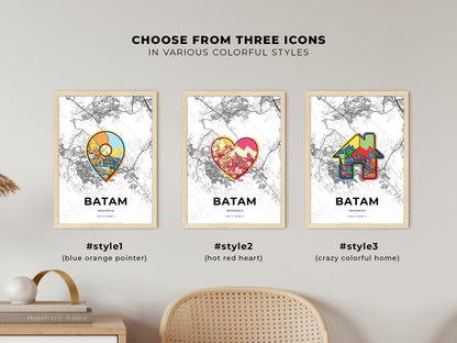 BATAM INDONESIA minimal art map with a colorful icon. Where it all began, Couple map gift.