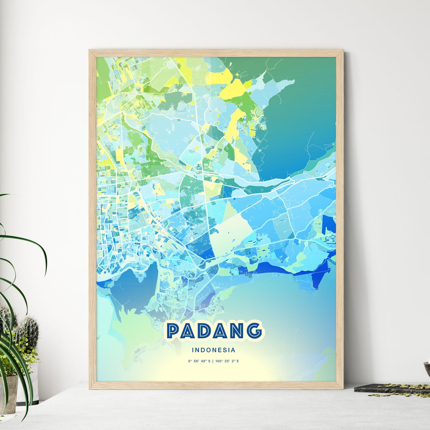 Colorful PADANG INDONESIA Fine Art Map Cool Blue