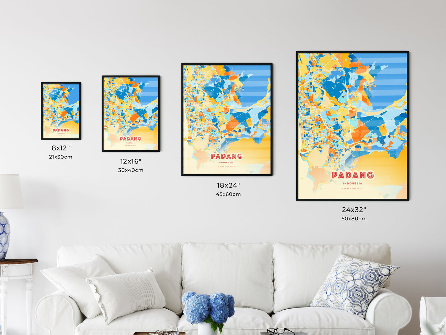 Colorful PADANG INDONESIA Fine Art Map Blue Orange